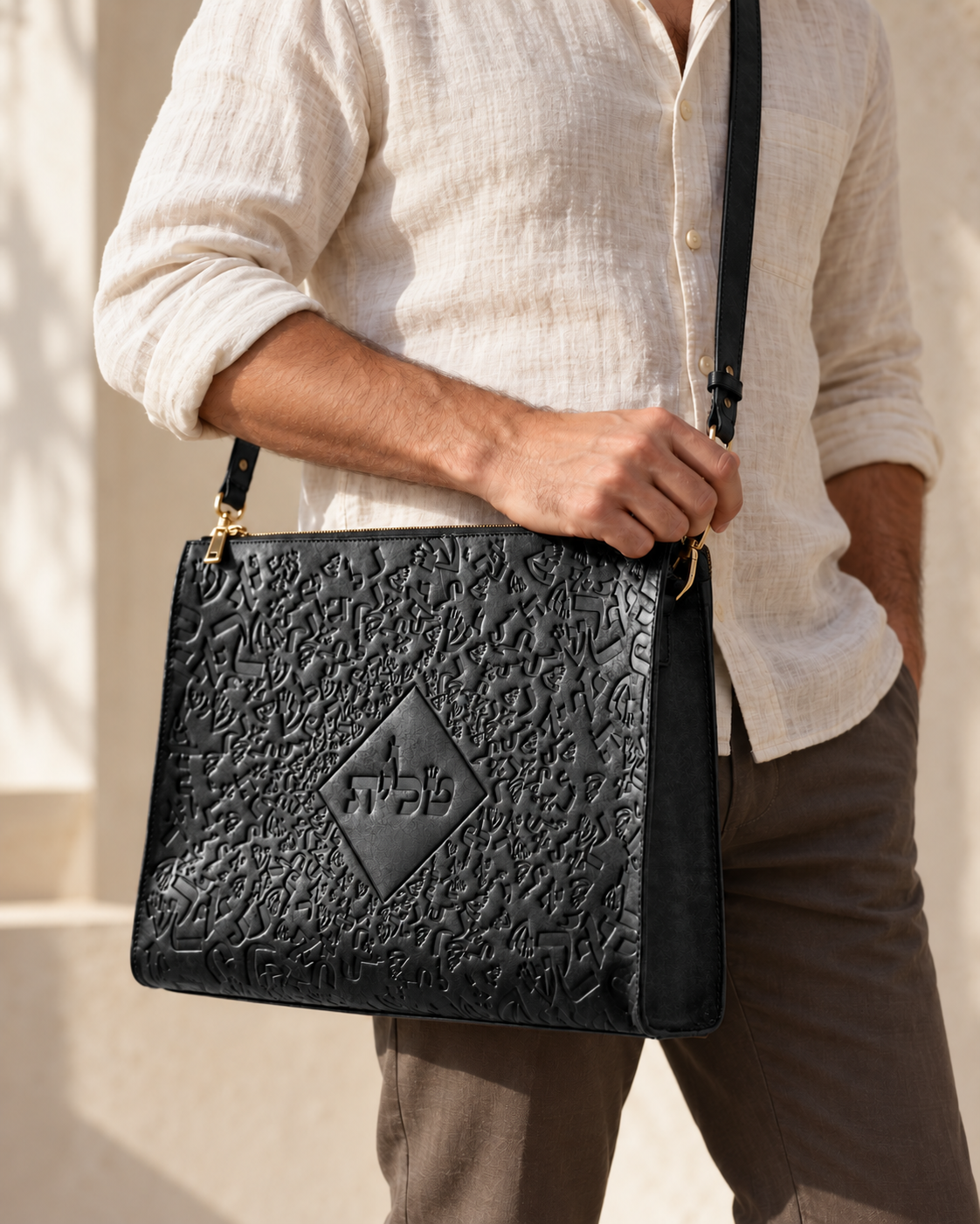 Man carrying the black Chabad leather tallit bag over his shoulder