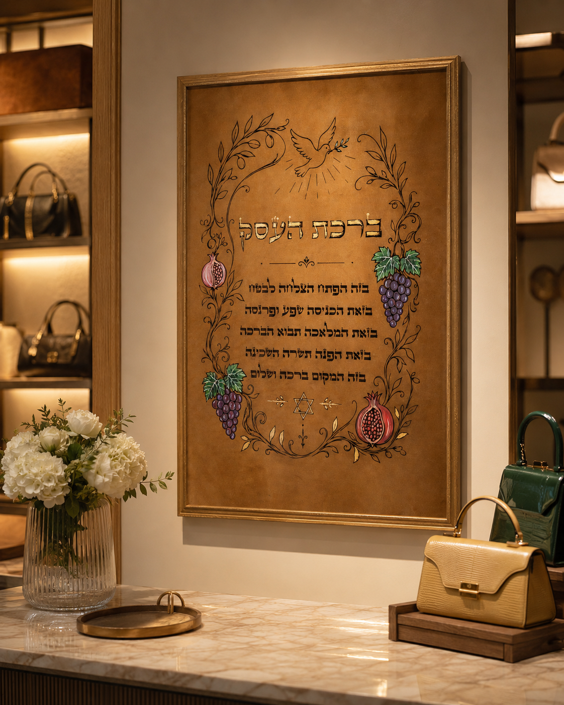 Leather Hebrew Business Blessing – Light Brown