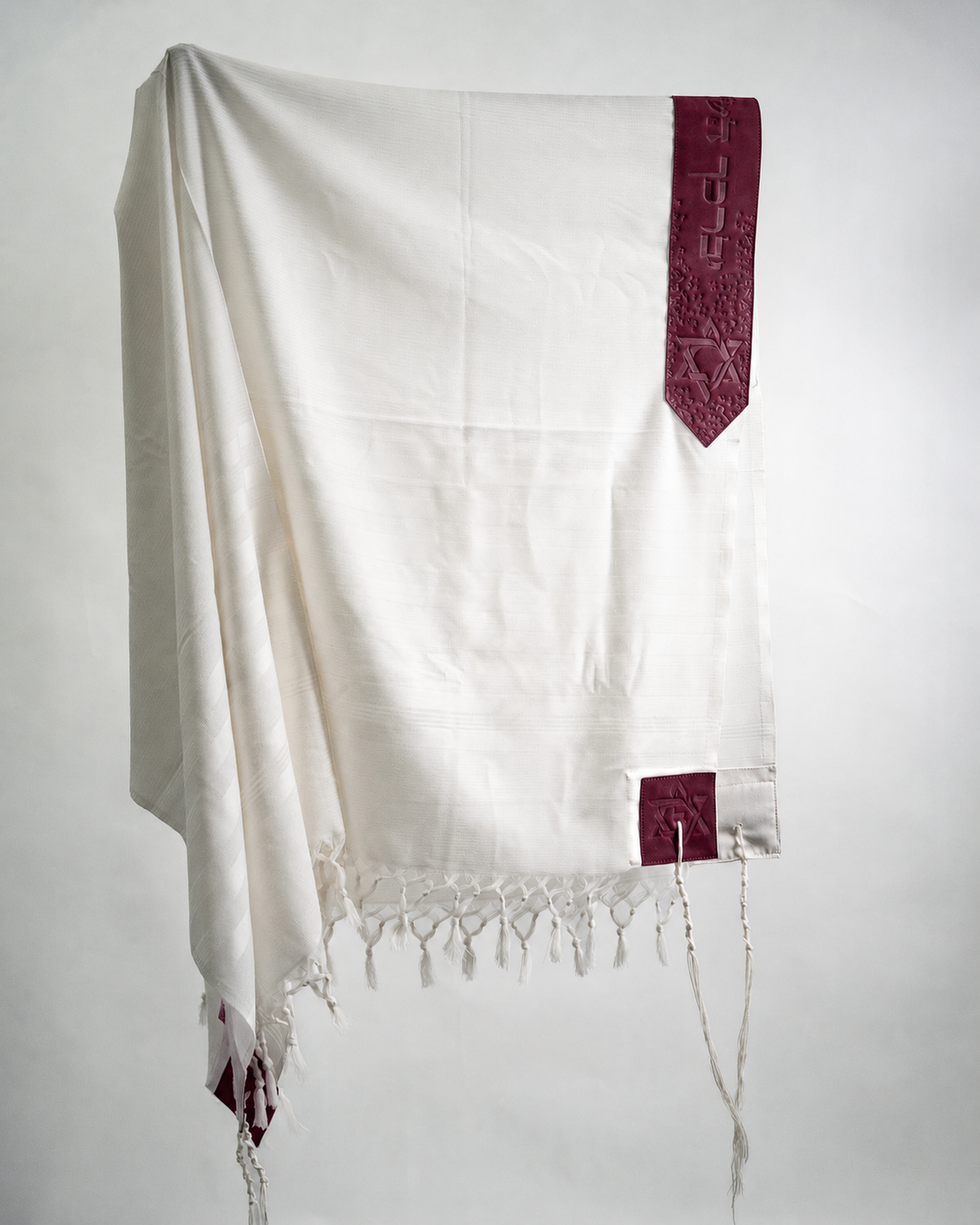 Wool Tallit & Leather Atara Set – White & Burgundy
