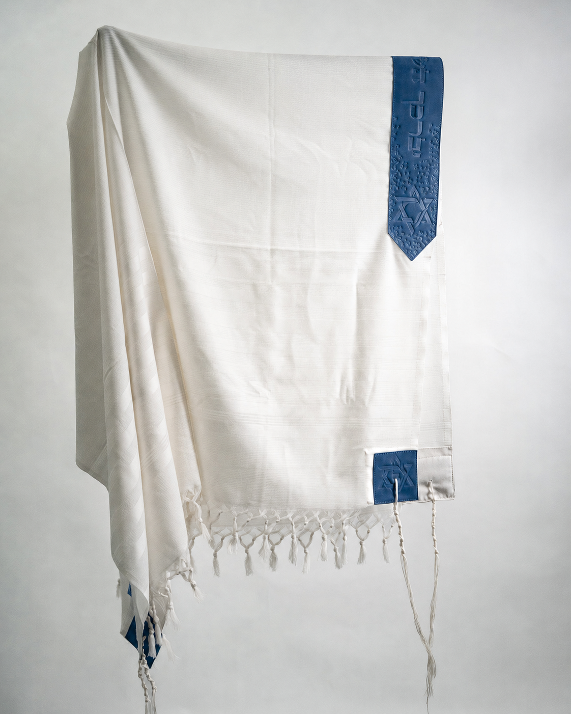 Wool Tallit & Leather Atara Set – White & Blue