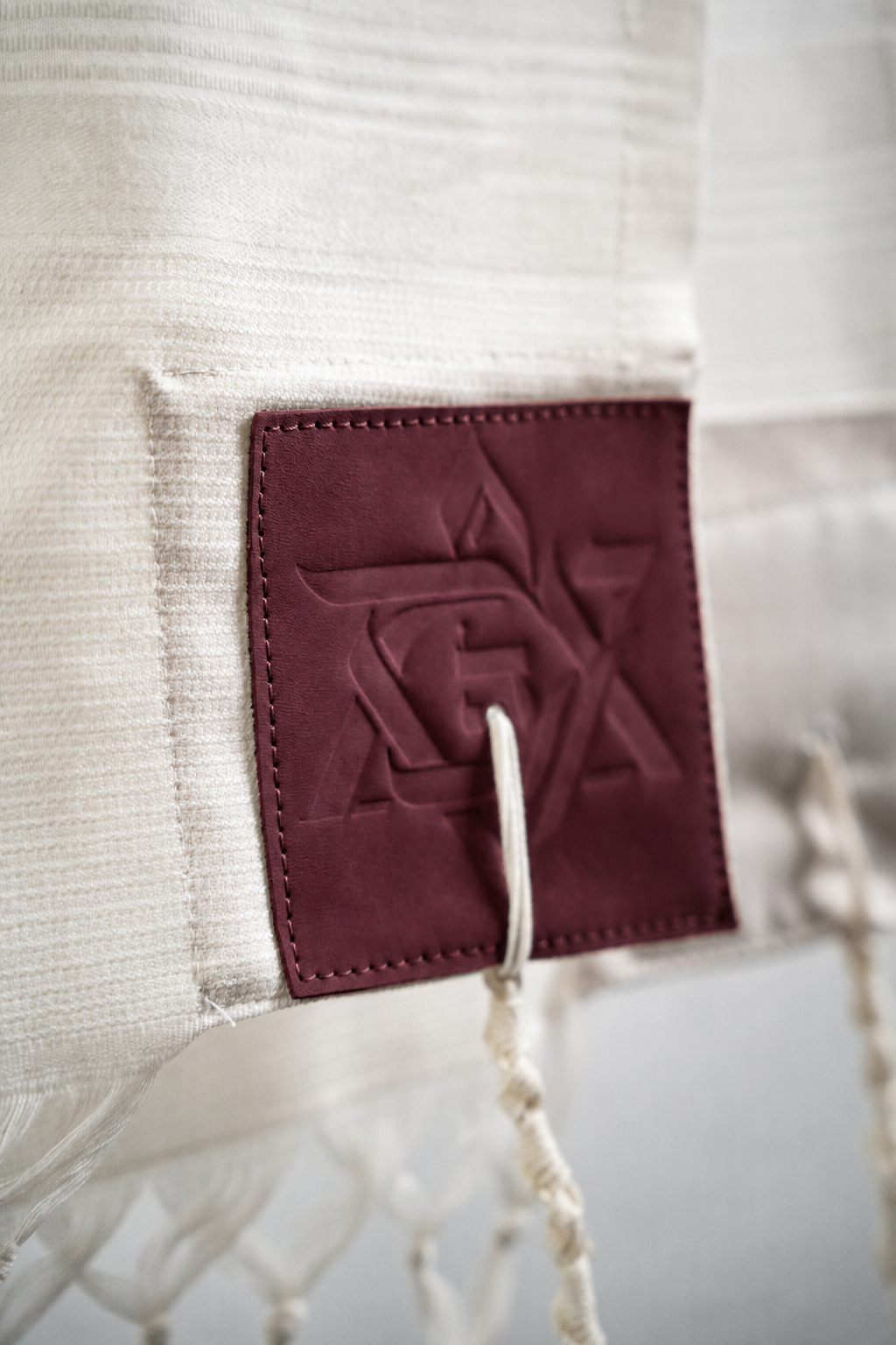 Wool Tallit & Leather Atara Set – White & Burgundy