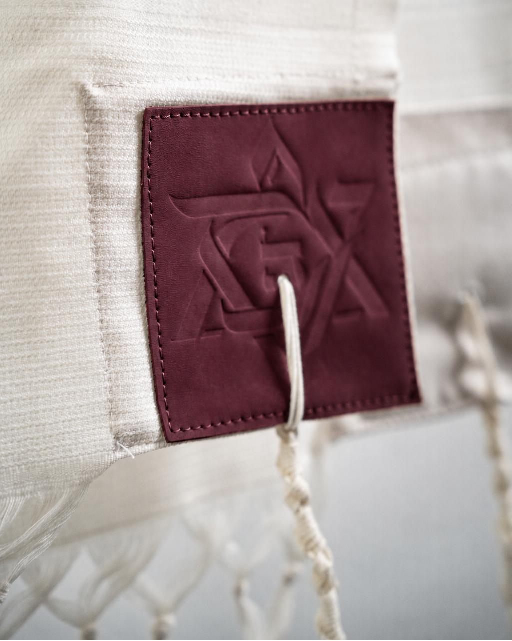 Wool Tallit & Leather Atara Set, Embroidered Magen David, Burgundy