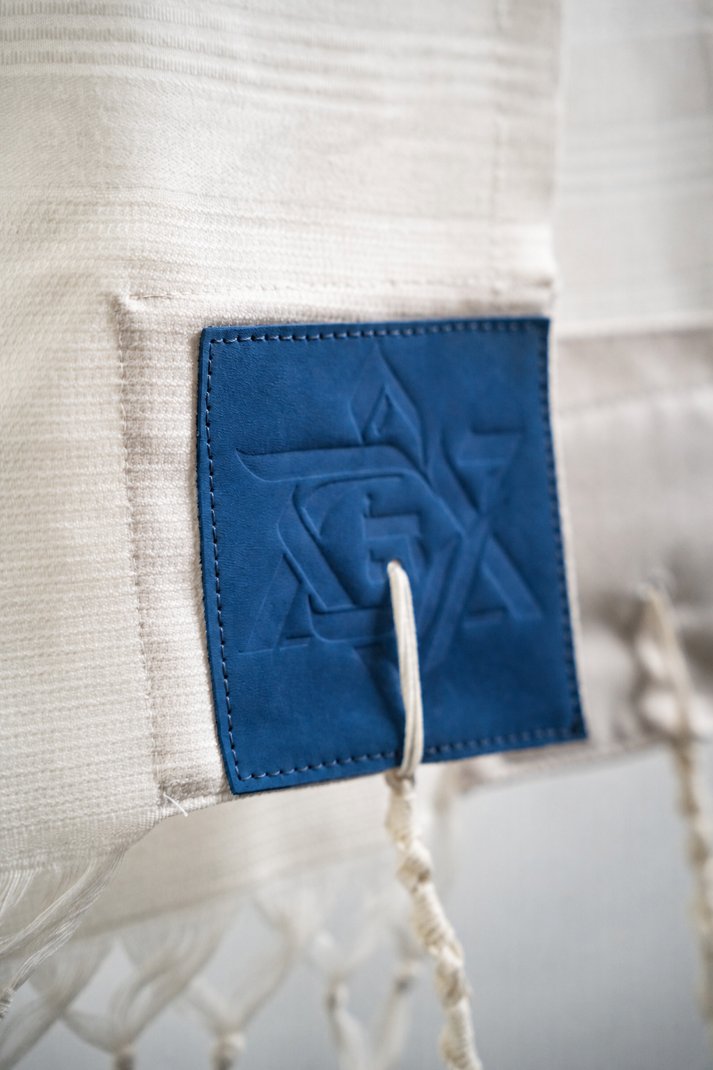 Wool Tallit & Leather Atara Set – White & Blue