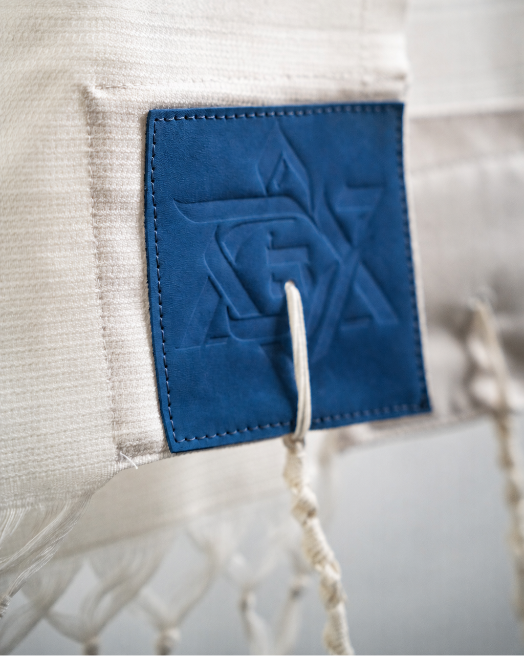 Wool Tallit & Leather Atara Set, Embroidered Magen David, Blue