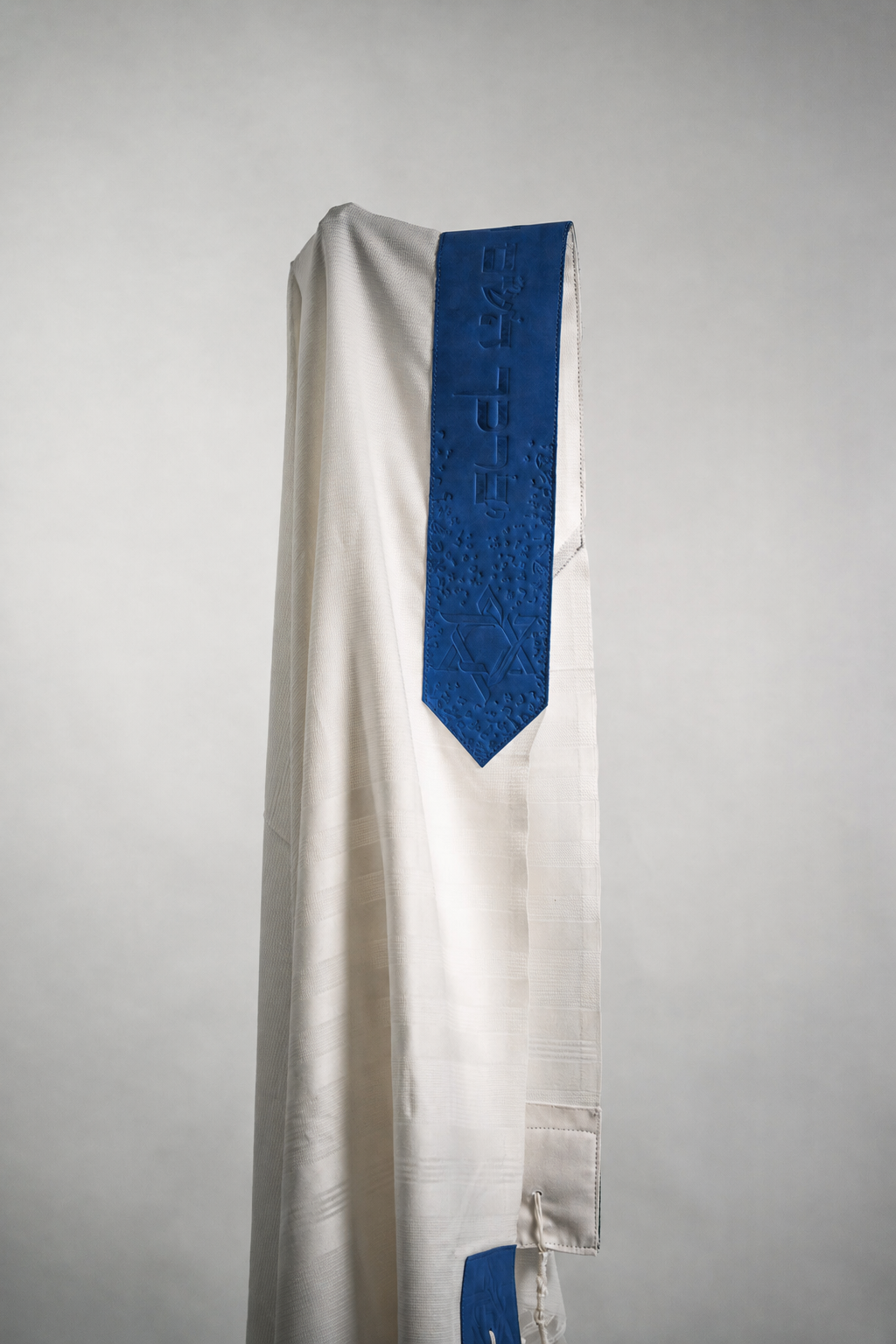 Wool Tallit & Leather Atara Set – White & Blue