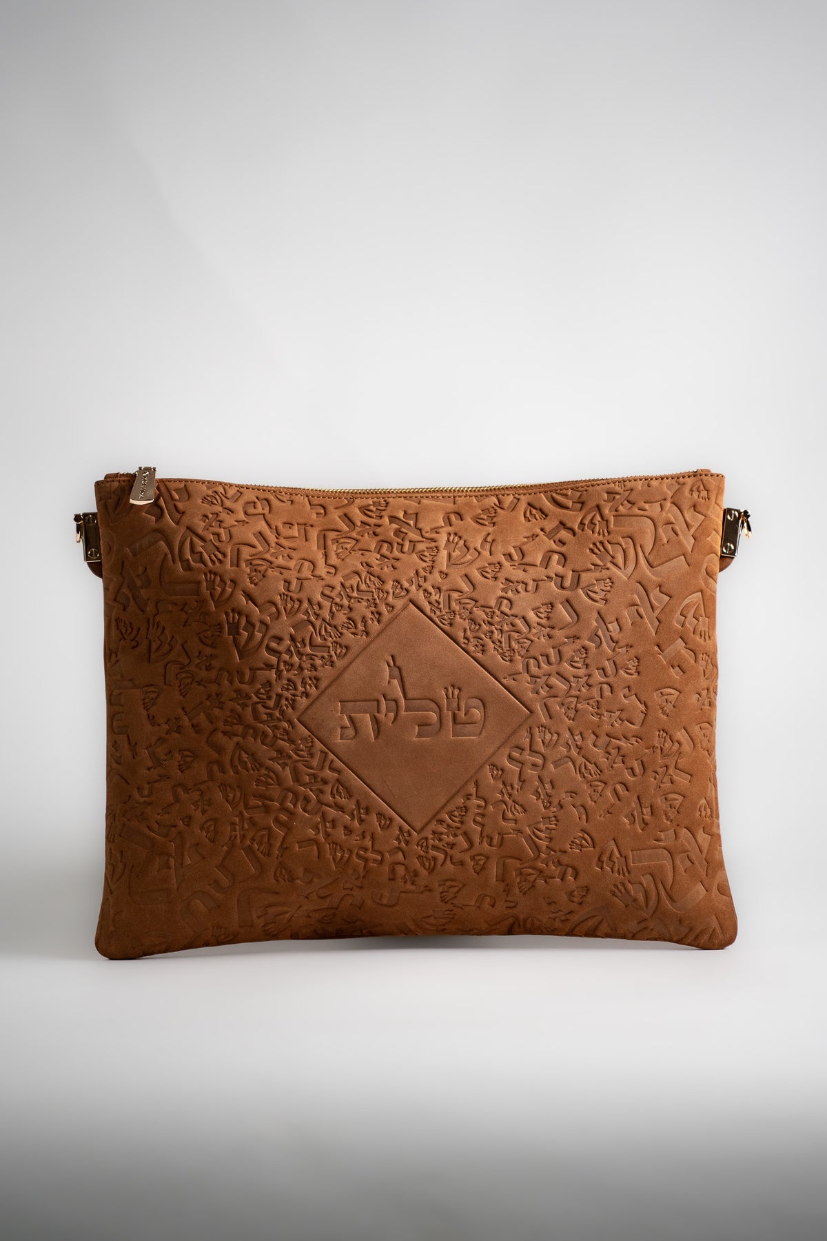 Light brown leather tallit bag, front view on white