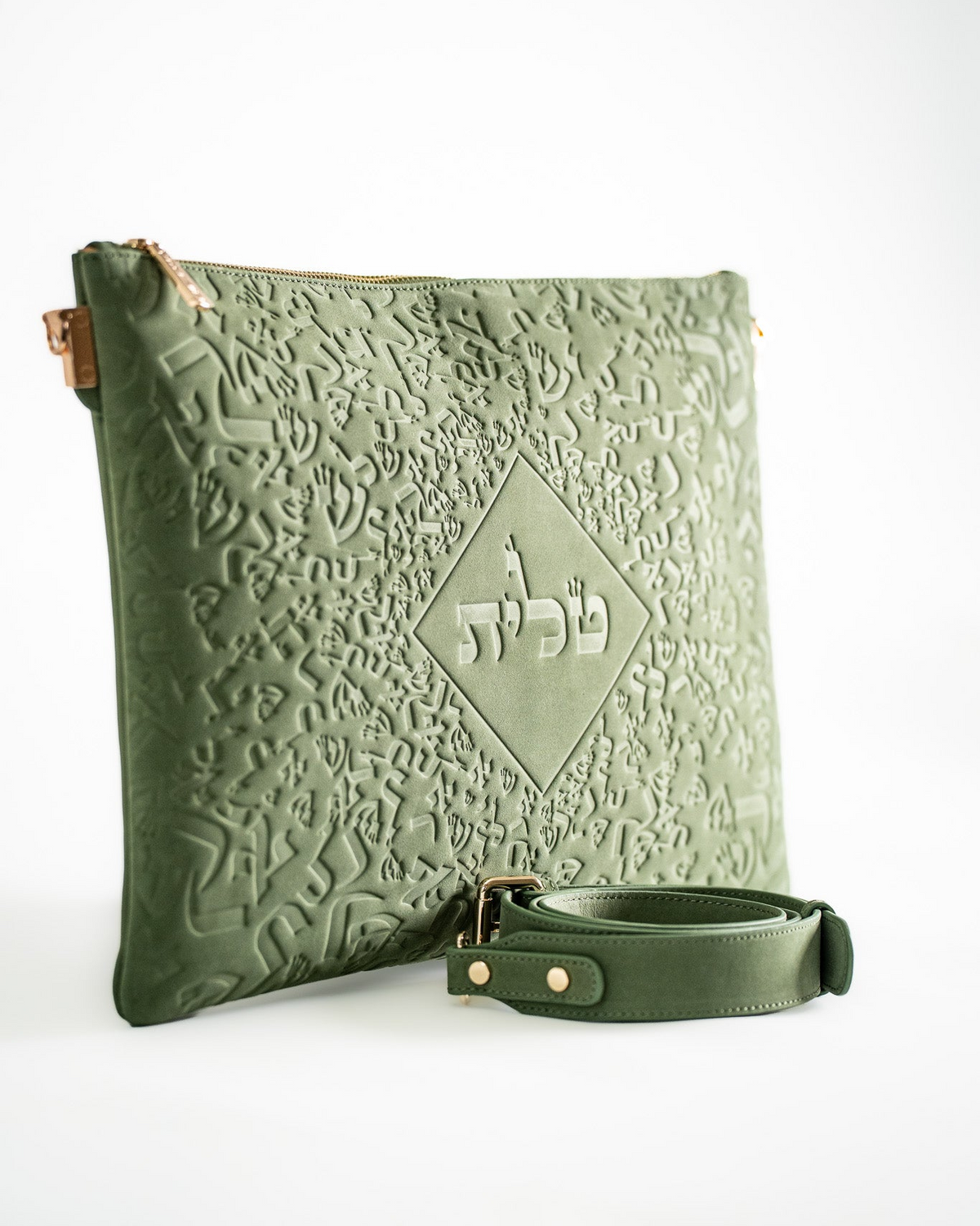 Green Israel Letters leather tallit bag, front view