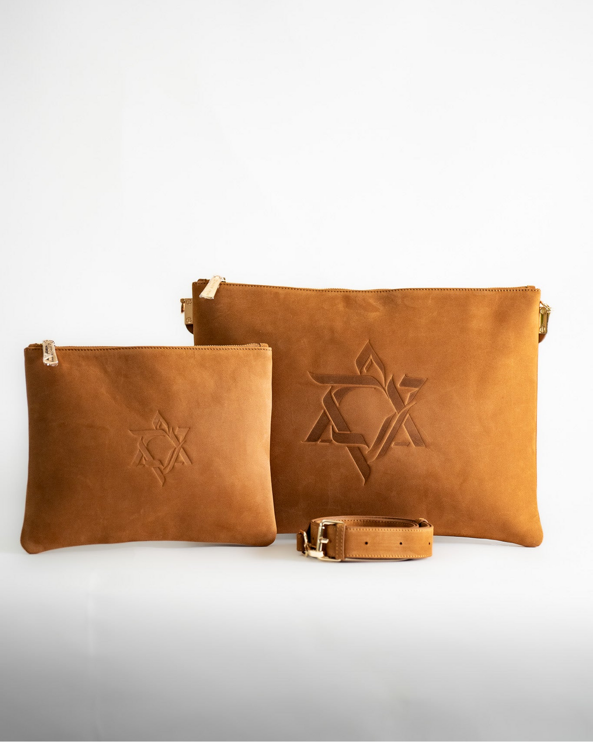 Natural tan leather tallit and tefillin bag set with embossed Magen David and strap