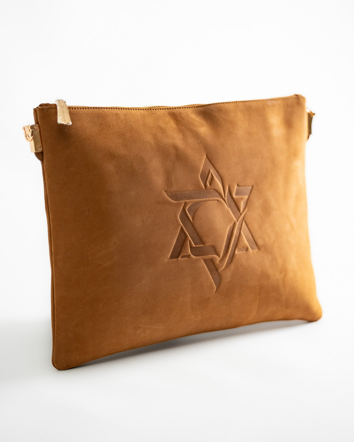 Natural tan leather tallit bag with embossed Magen David, front view