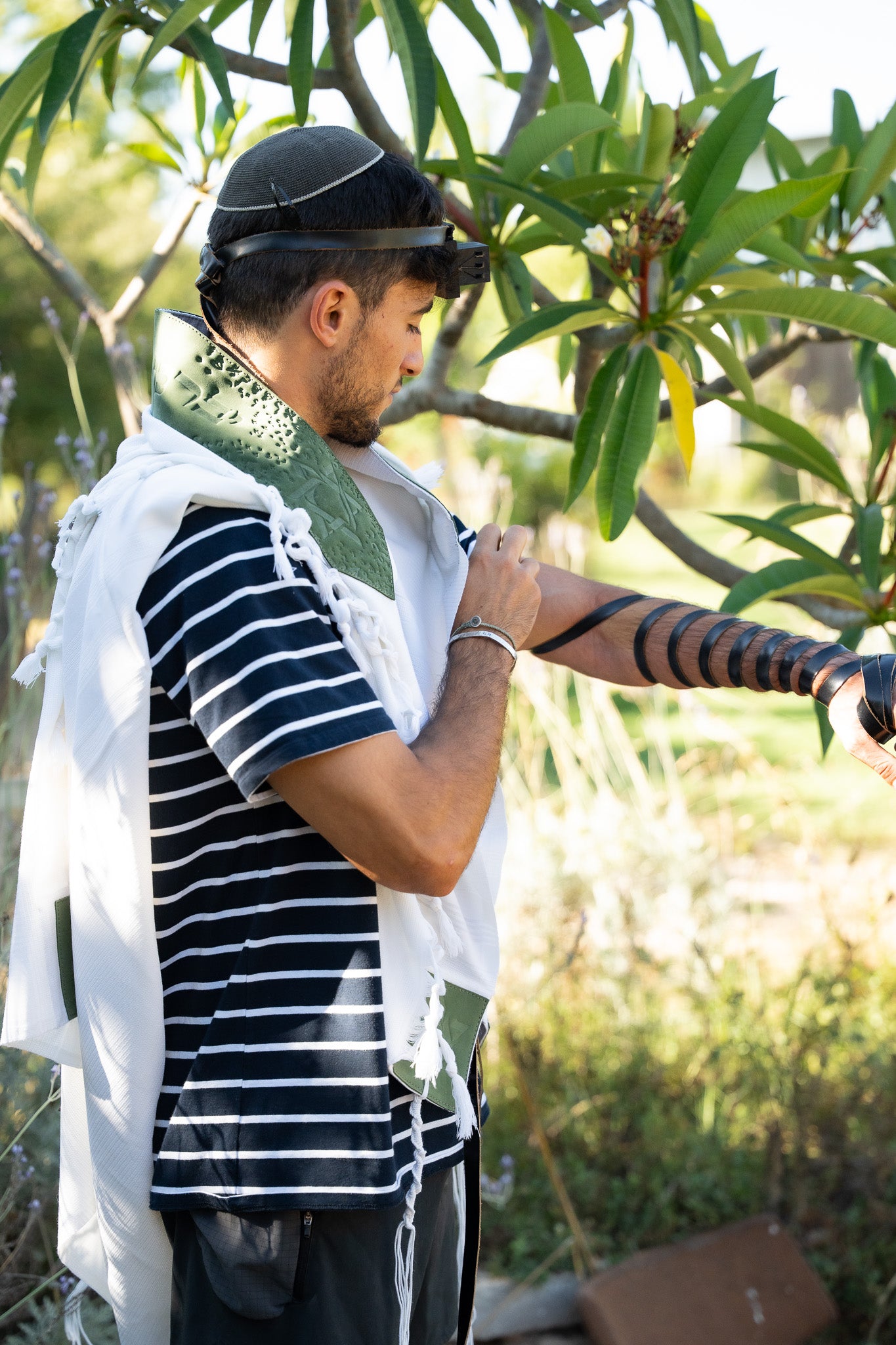 Wool Tallit & Leather Atara Set – White & Green