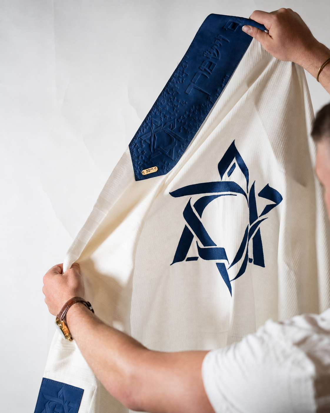 Wool Tallit & Leather Atara Set, Embroidered Magen David, Blue