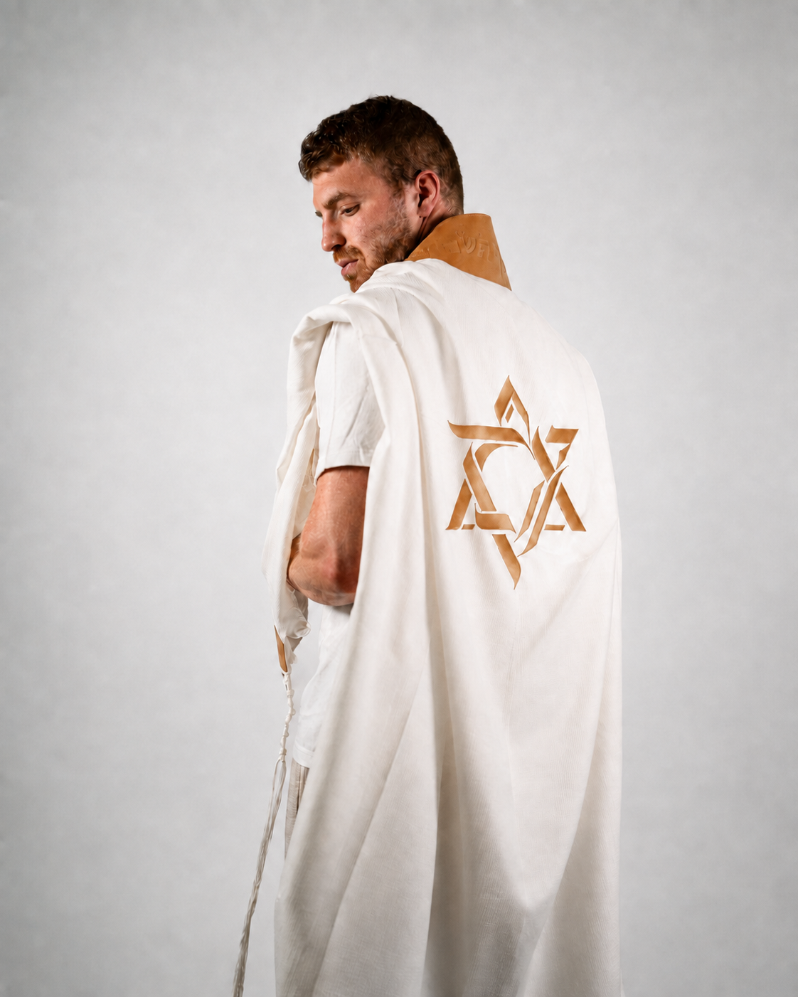 Wool Tallit & Leather Atara Set, Embroidered Magen David, Natural
