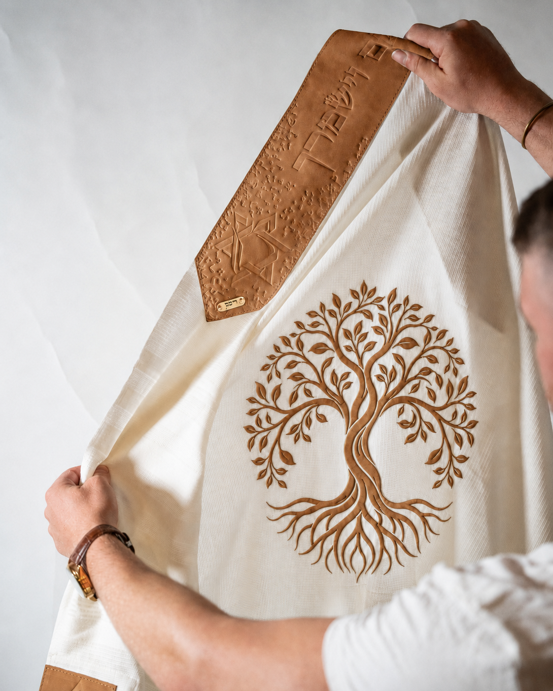 Wool Tallit & Leather Atara Set, Embroidered Tree of Life, Natural