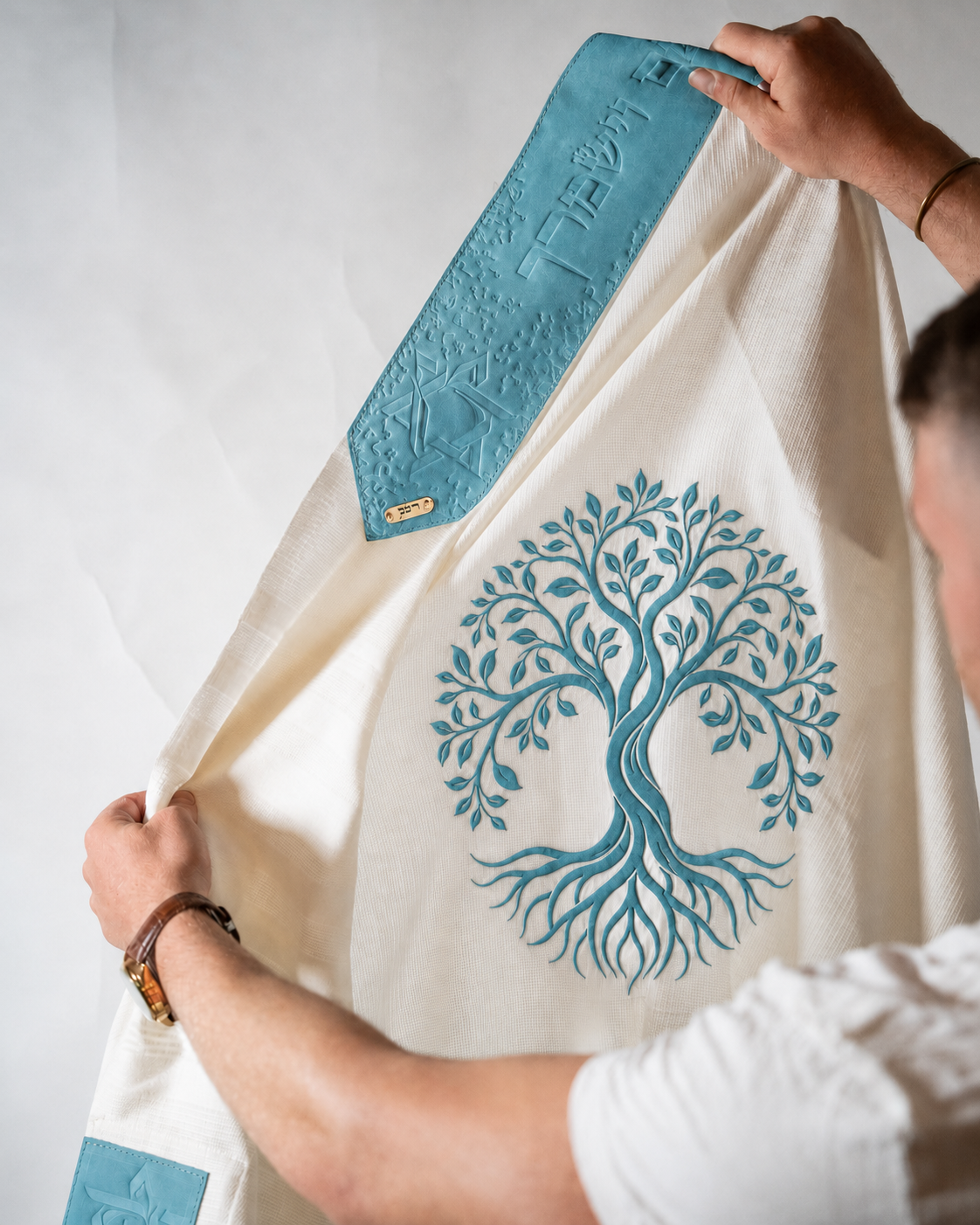 Wool Tallit & Leather Atara Set, Embroidered Tree of Life, Turquoise
