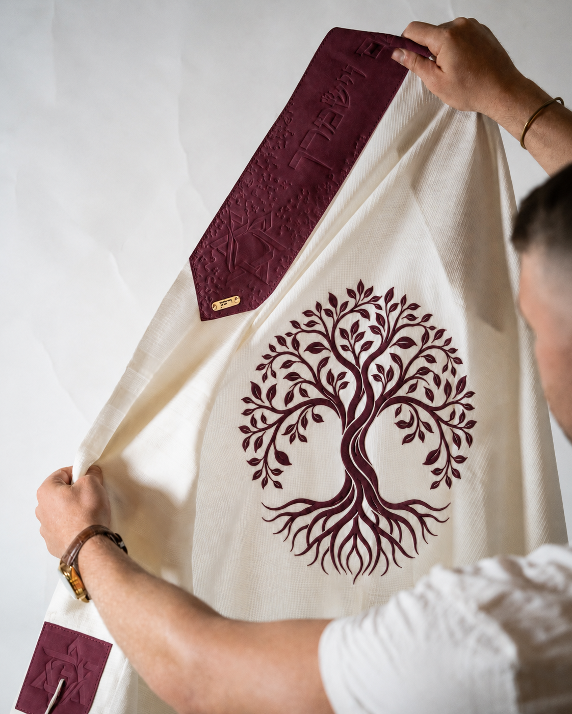 Wool Tallit & Leather Atara Set, Embroidered Tree of Life, Burgundy