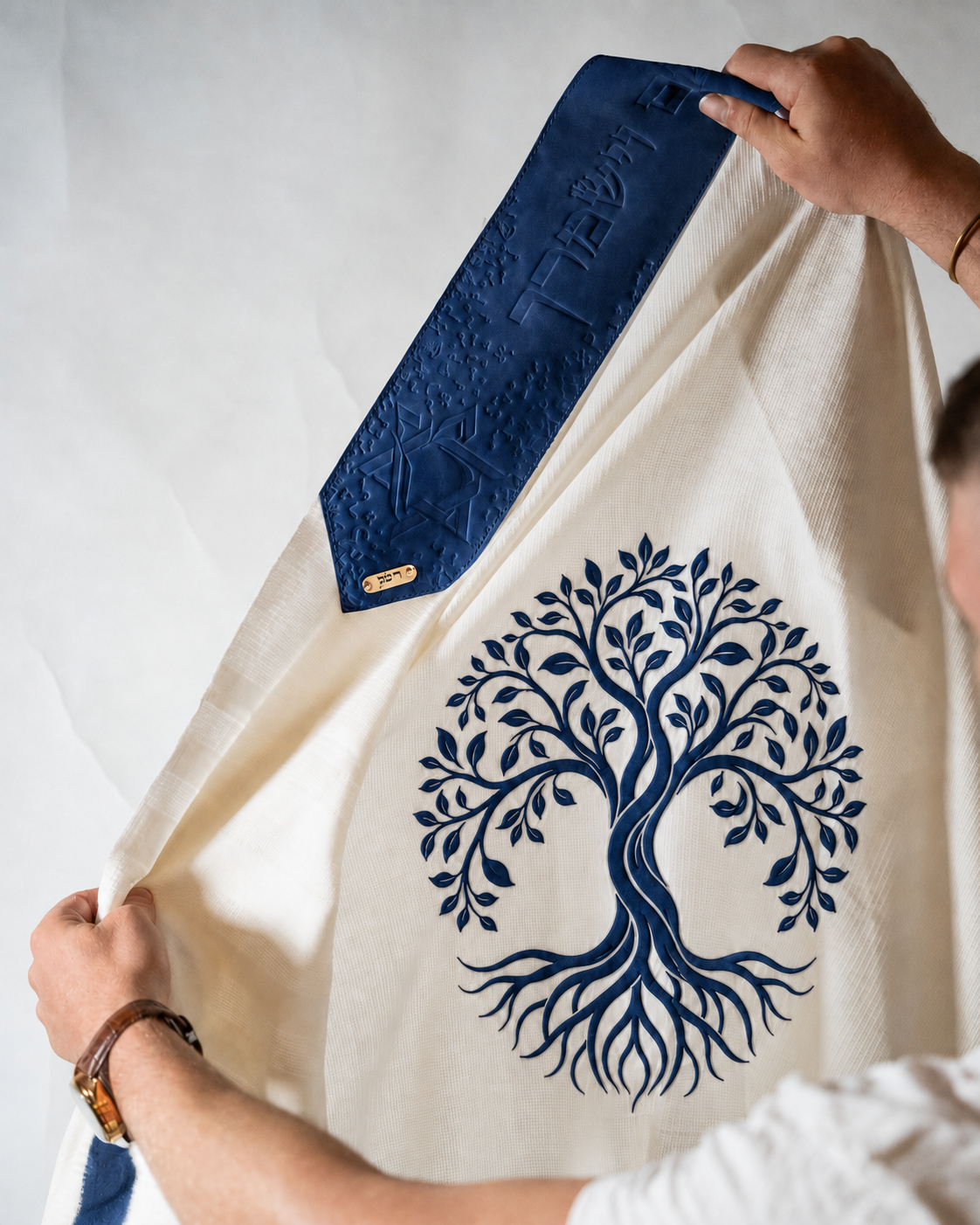 Wool Tallit & Leather Atara Set, Embroidered Tree of Life, Blue