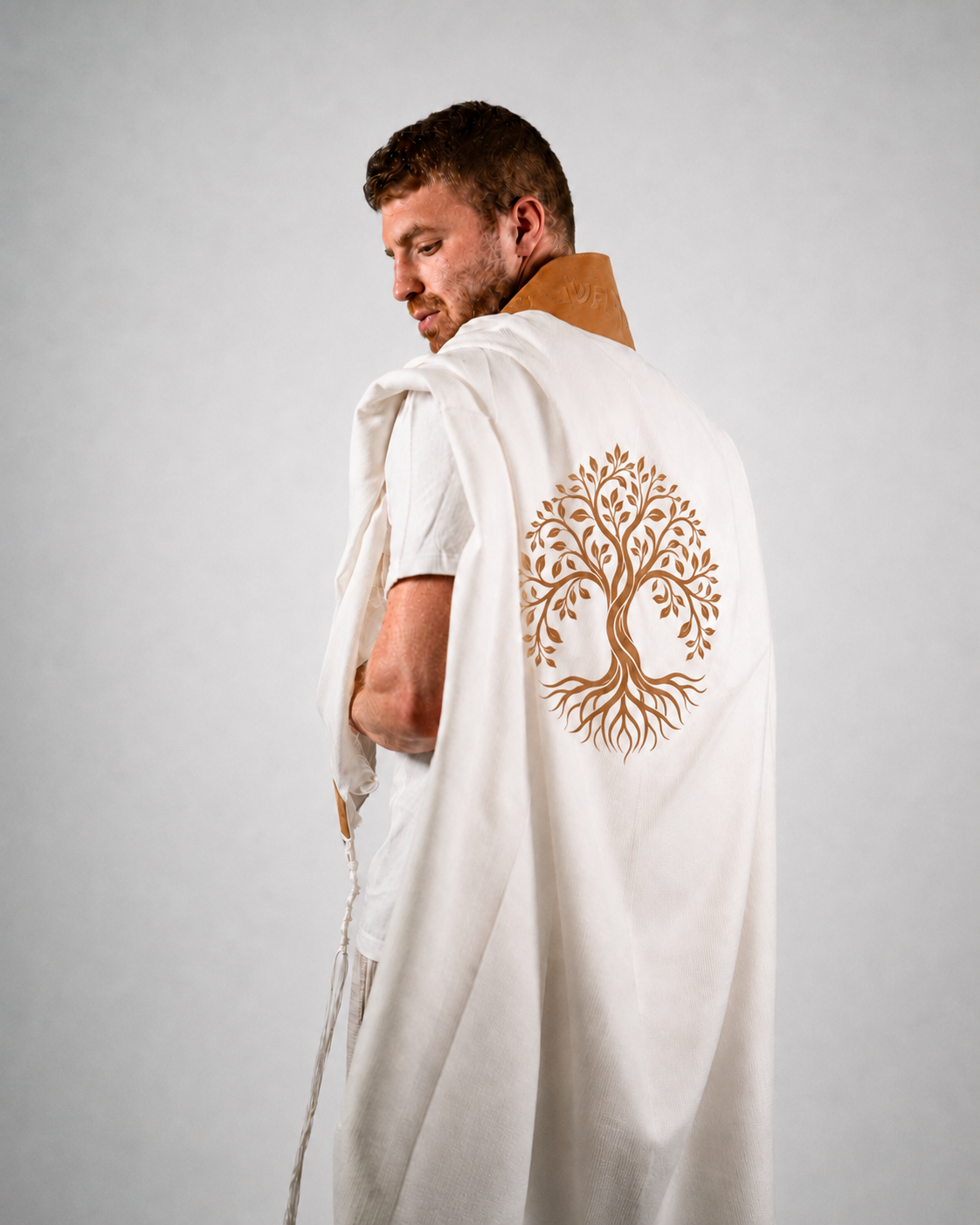 Wool Tallit & Leather Atara Set, Embroidered Tree of Life, Natural