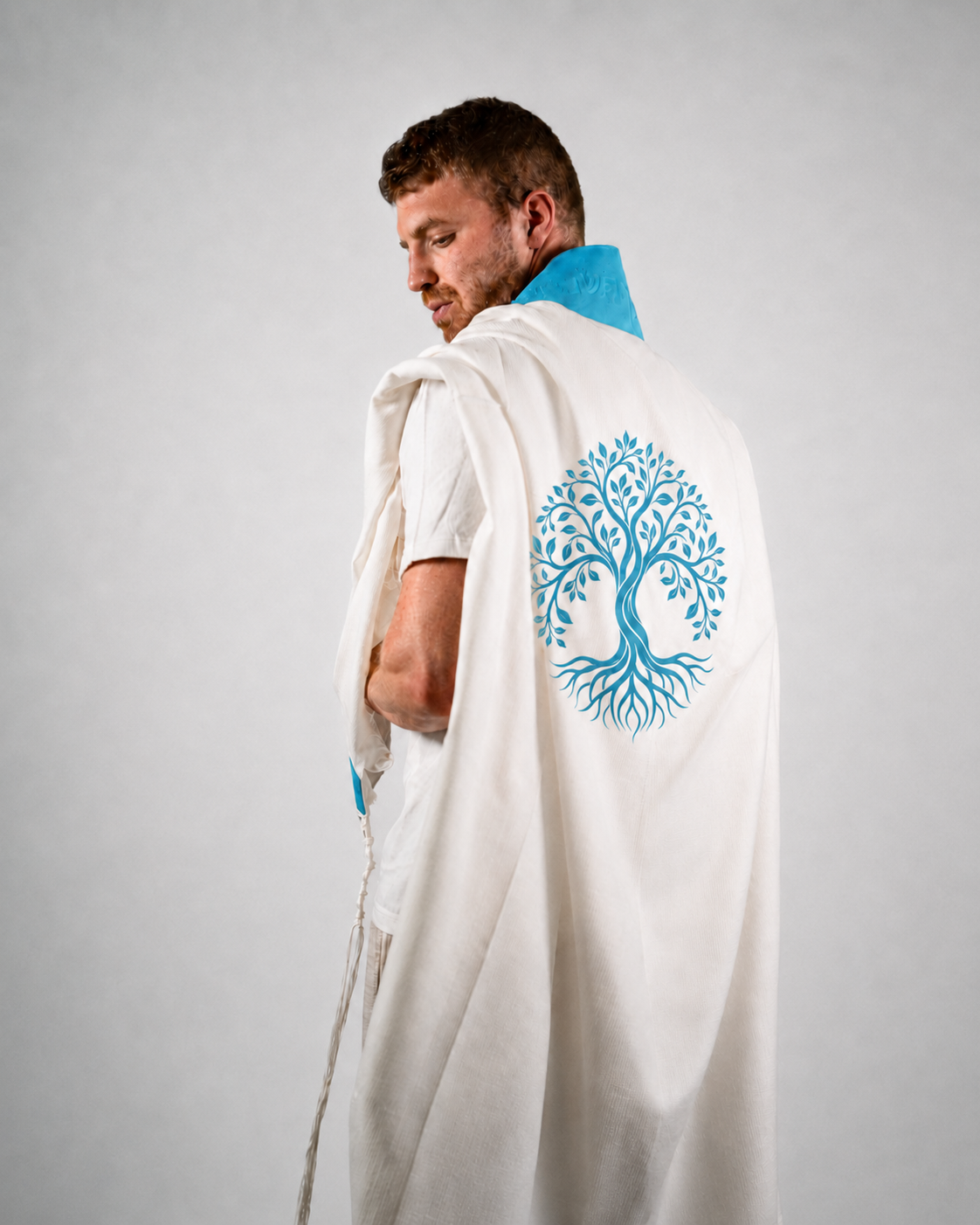 Wool Tallit & Leather Atara Set, Embroidered Tree of Life, Turquoise