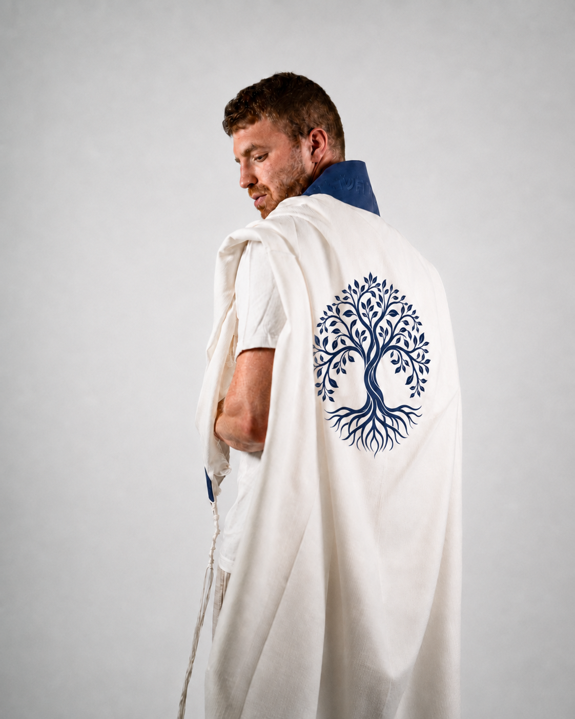 Wool Tallit & Leather Atara Set, Embroidered Tree of Life, Blue