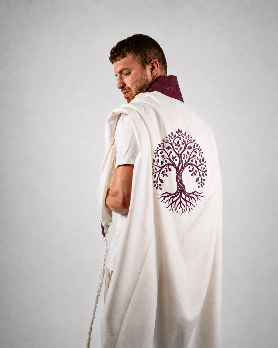 Wool Tallit & Leather Atara Set, Embroidered Tree of Life, Burgundy
