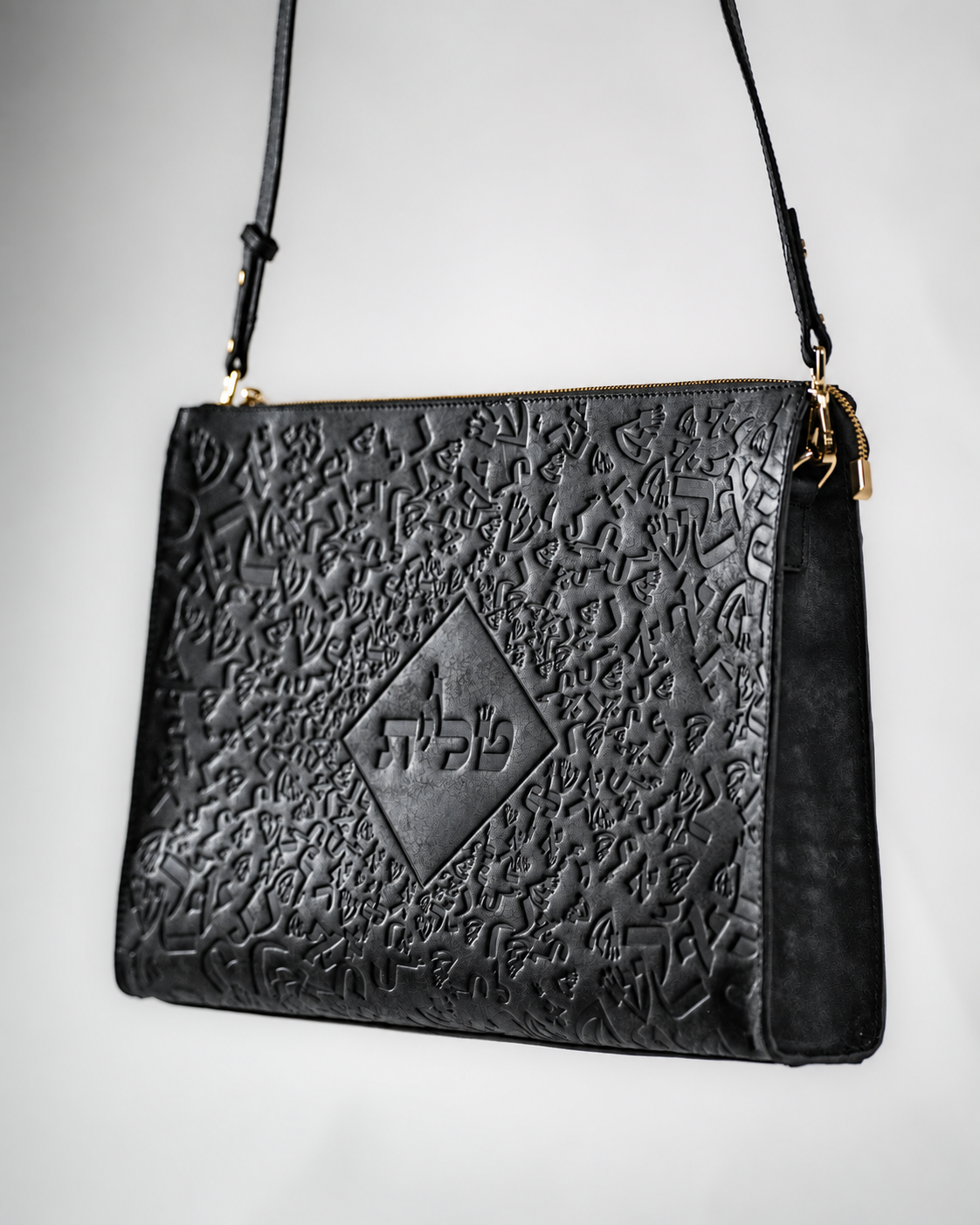 Black Chabad leather tallit bag with a long shoulder strap, front view