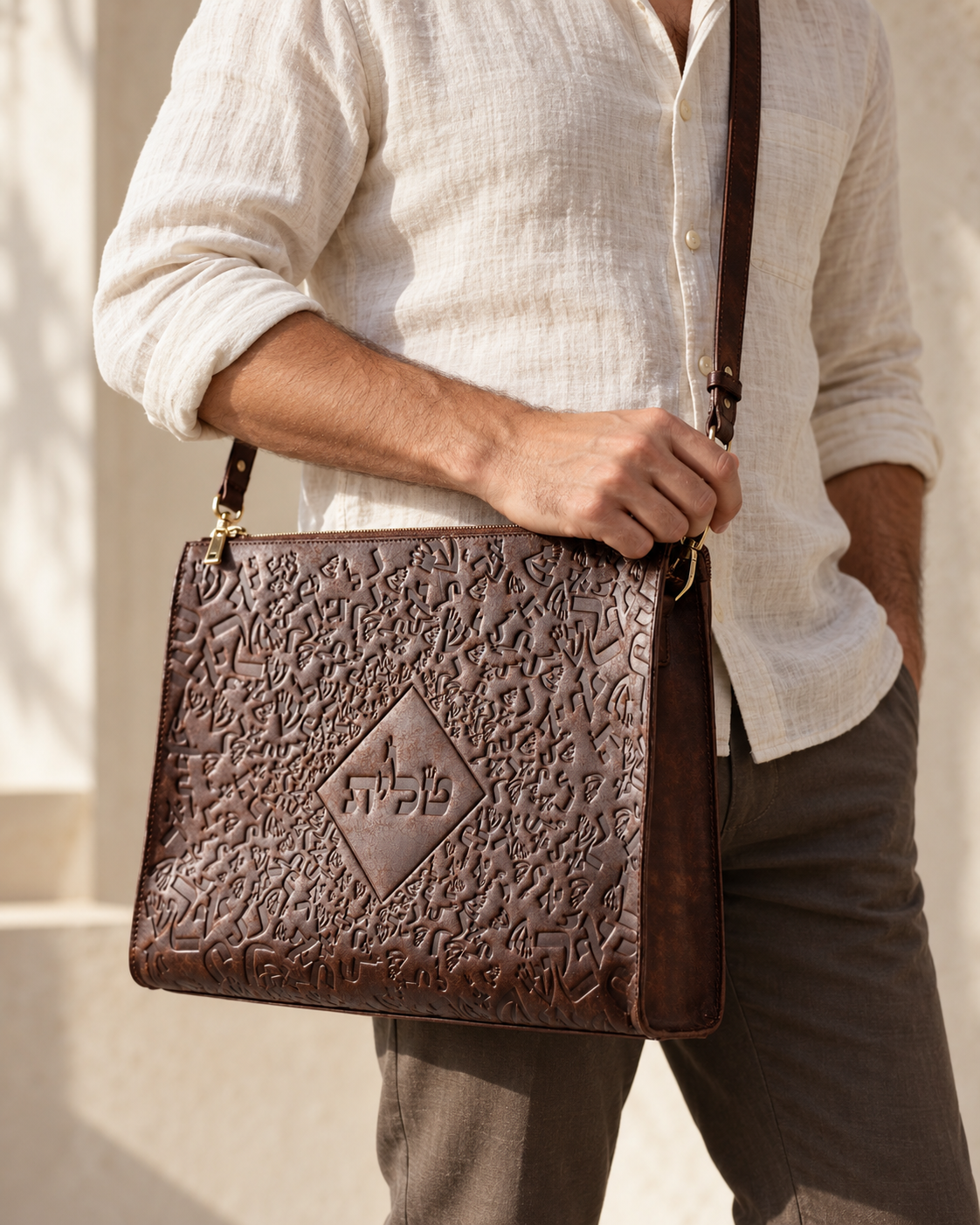 Man in a white shirt carrying the brown Chabad leather tallit bag