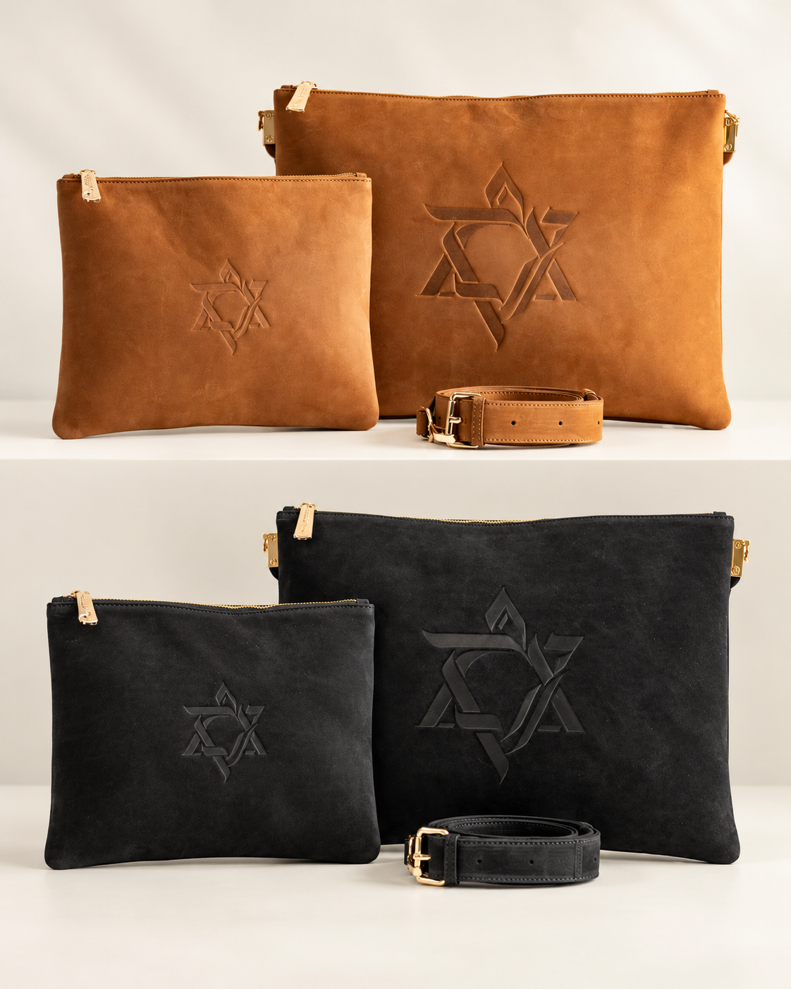 Magen David tallit and tefillin bag sets in natural tan and black leather