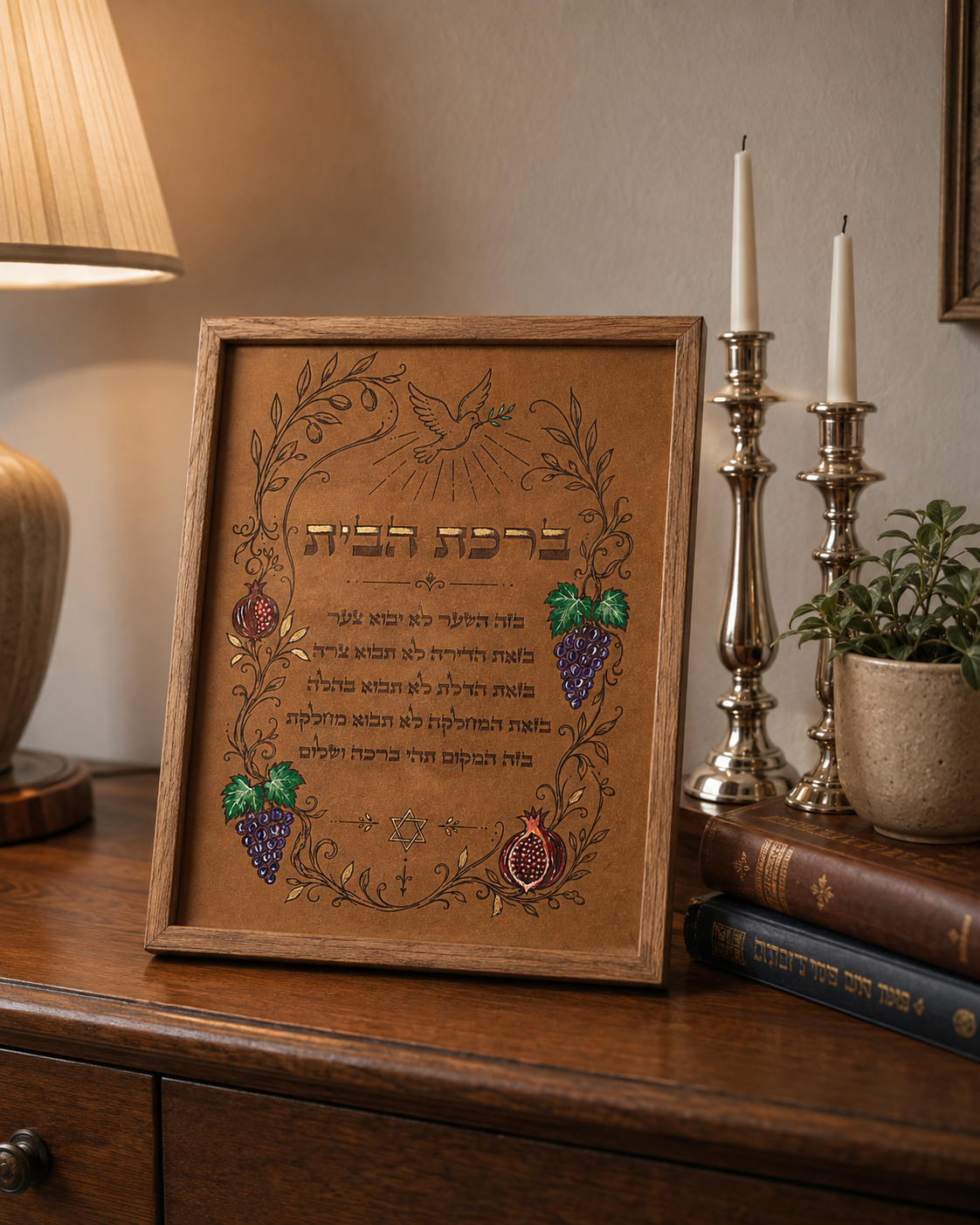 Leather Hebrew Home Blessing, Garden of Blessing, Light Brown