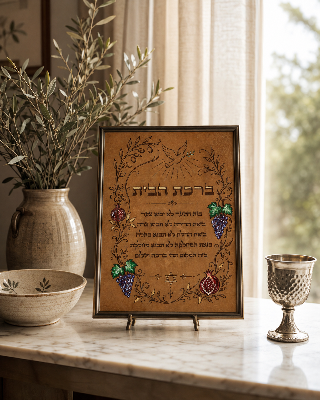 Leather Hebrew Home Blessing, Garden of Blessing, Light Brown