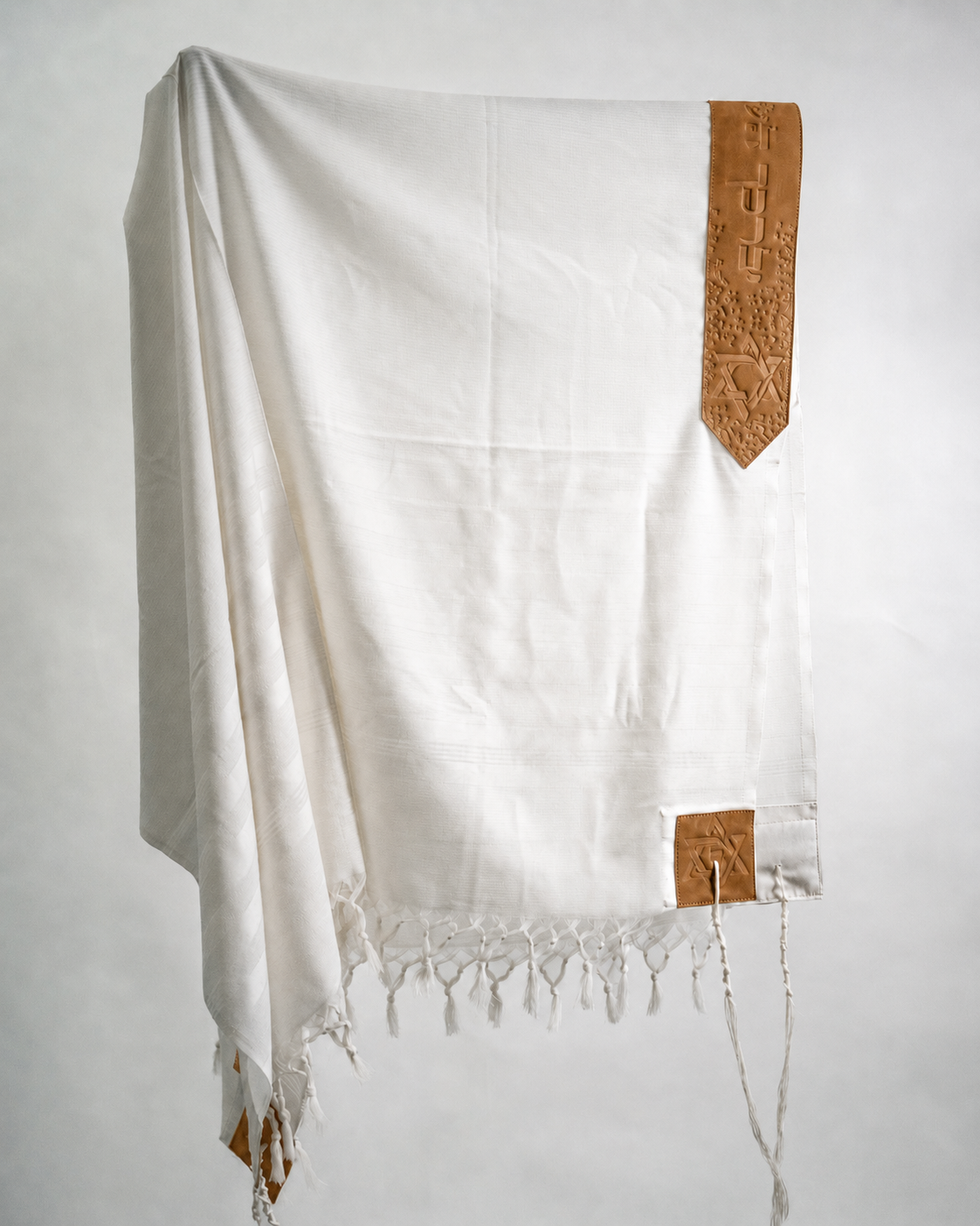 Wool Tallit & Leather Atara Set – White & Natural