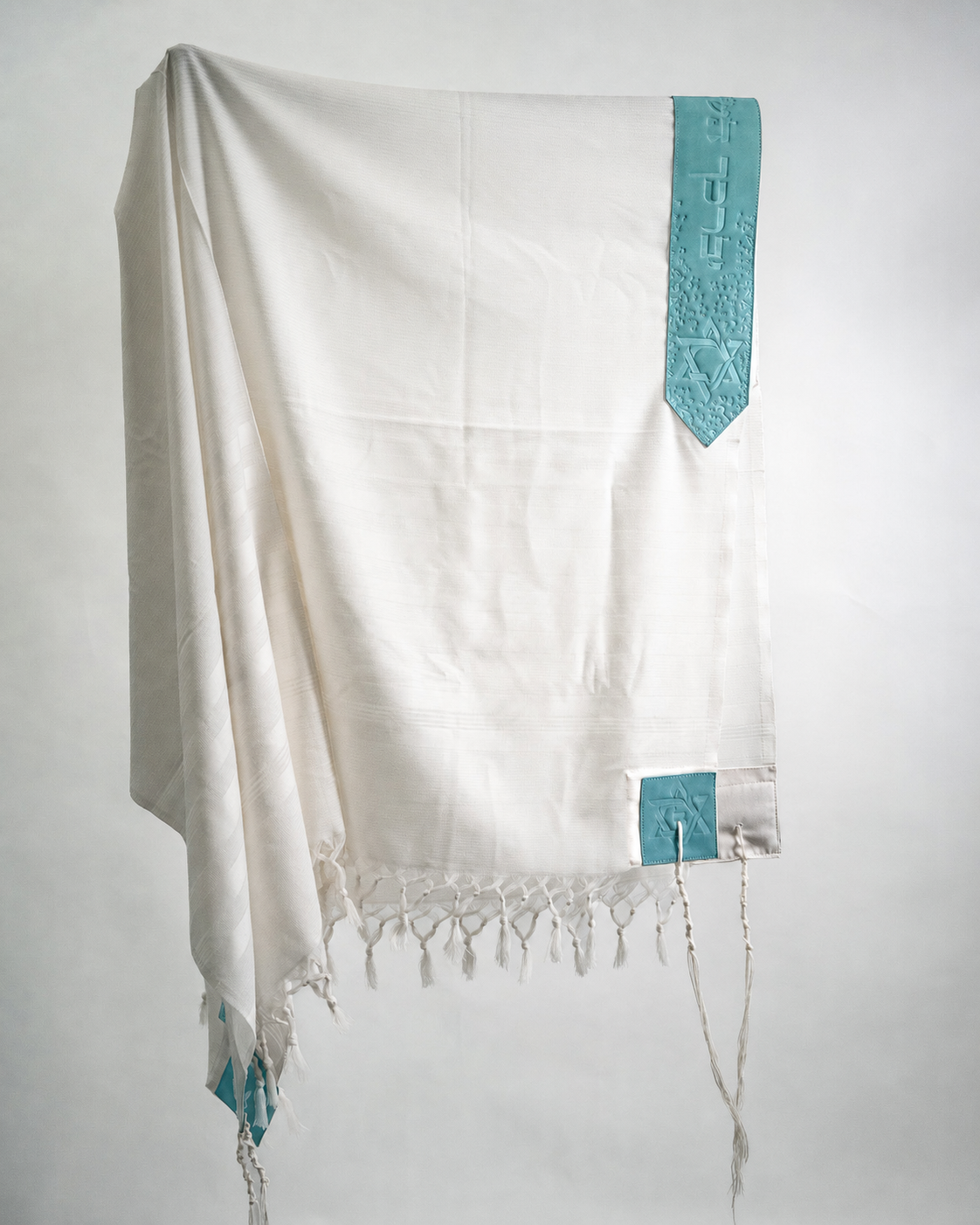 Wool Tallit & Leather Atara Set – White & Turquoise