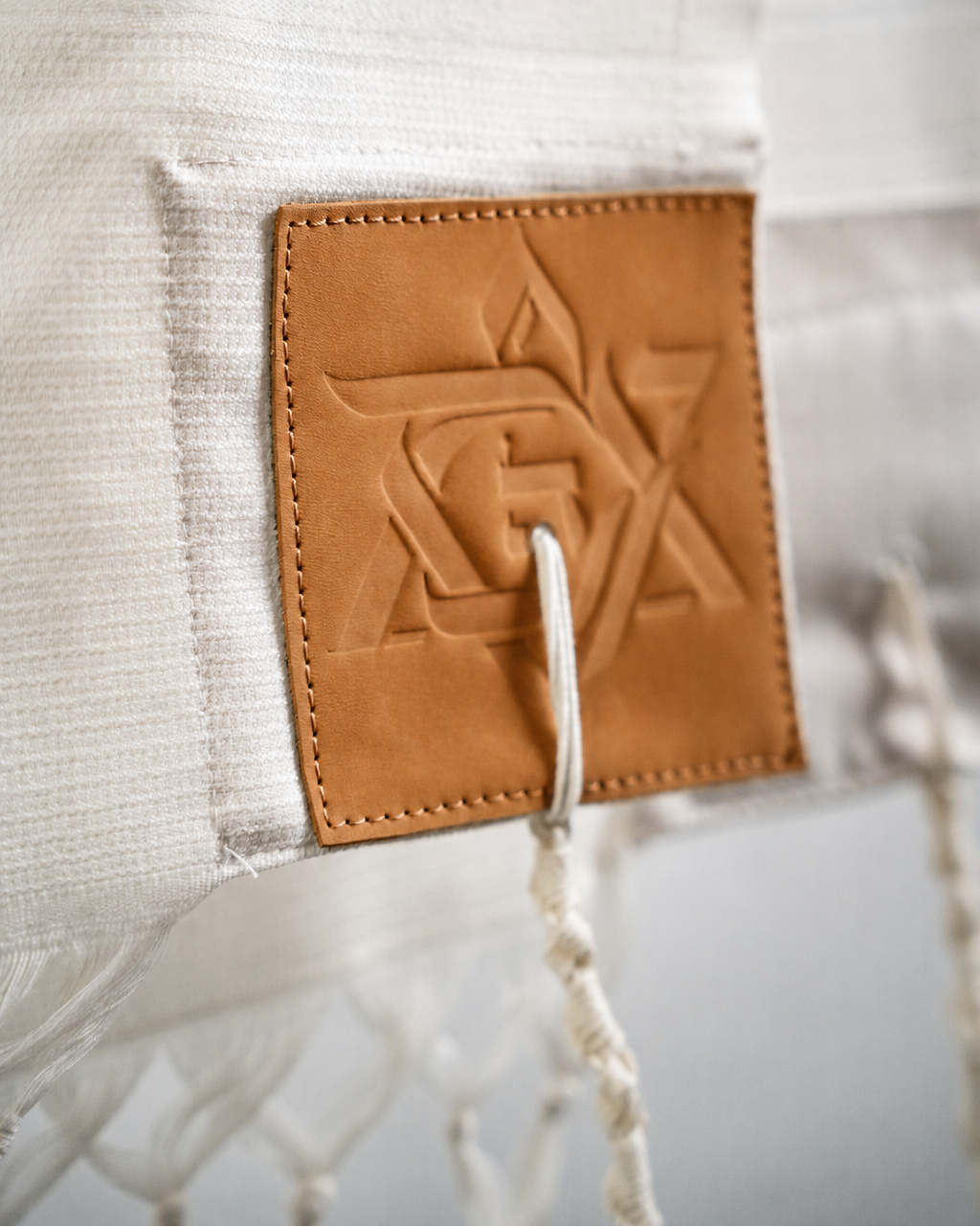 Wool Tallit & Leather Atara Set, Embroidered Magen David, Natural