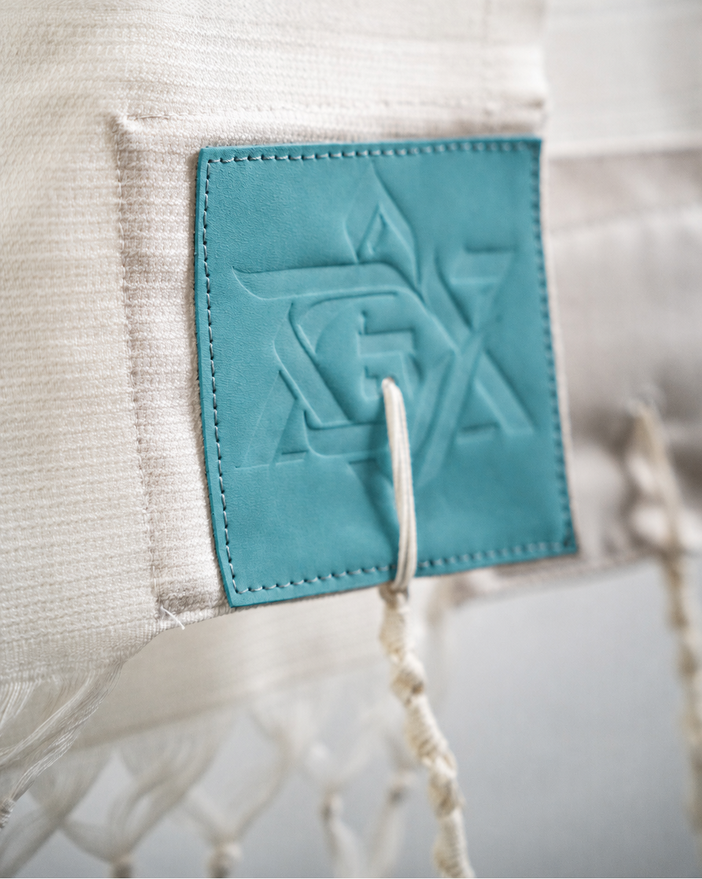 Wool Tallit & Leather Atara Set, Embroidered Magen David, Turquoise