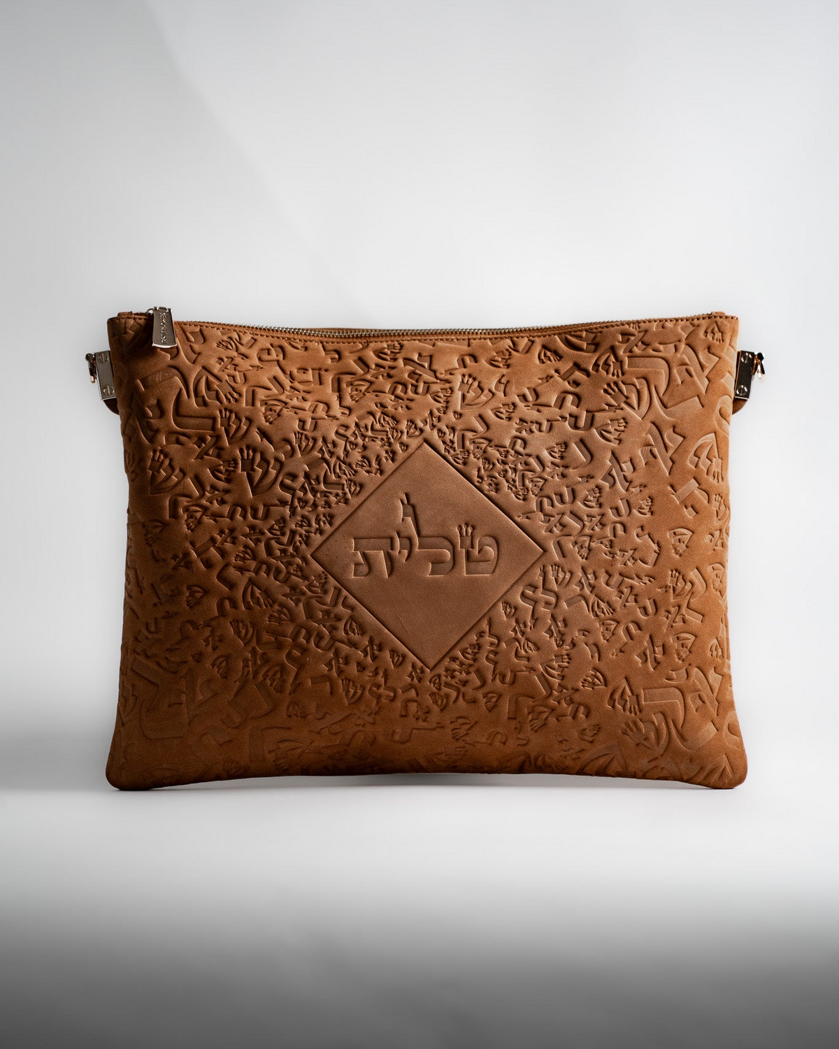 Light brown embossed leather tallit bag, front view