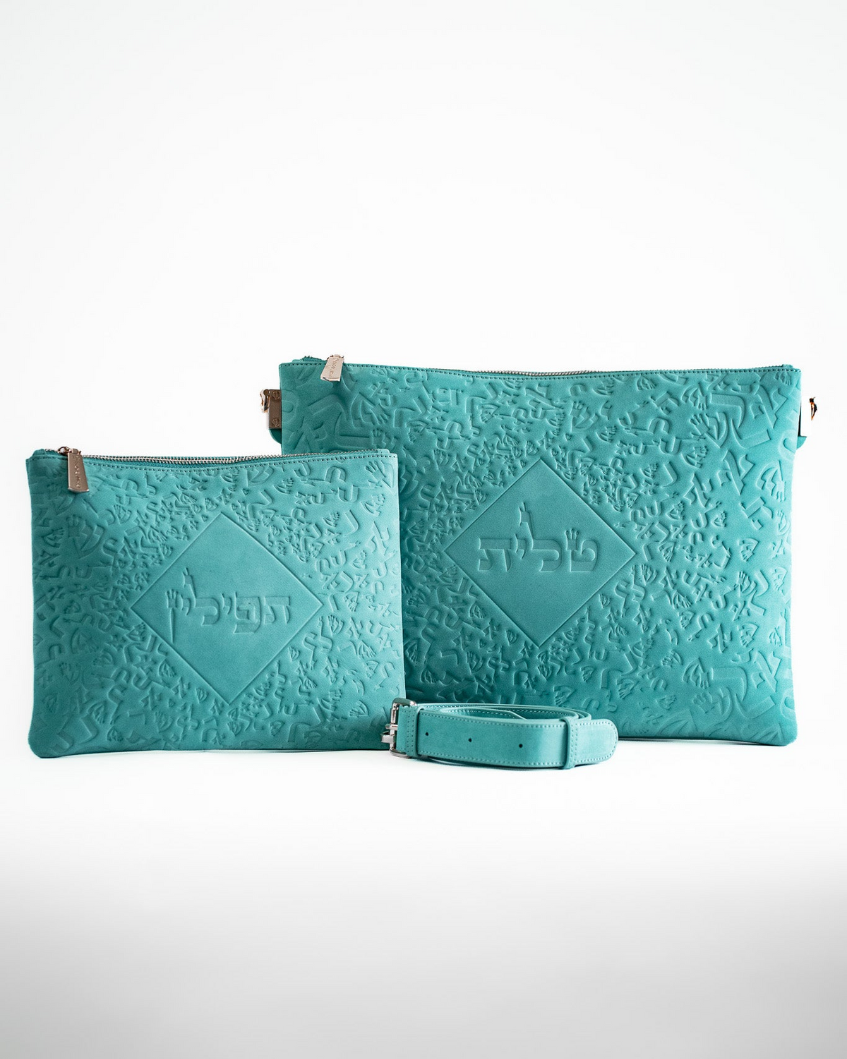 Turquoise Israel Letters leather tallit bag and tefillin bag set