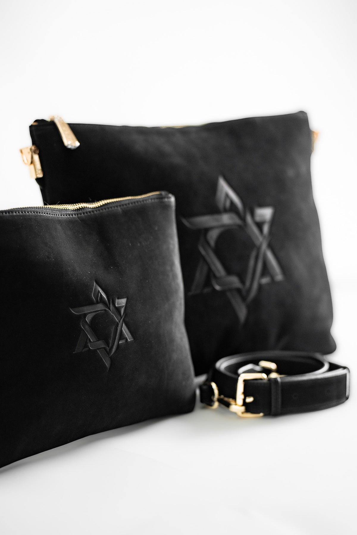 Black Magen David leather tallit bag and tefillin bags with a detachable strap
