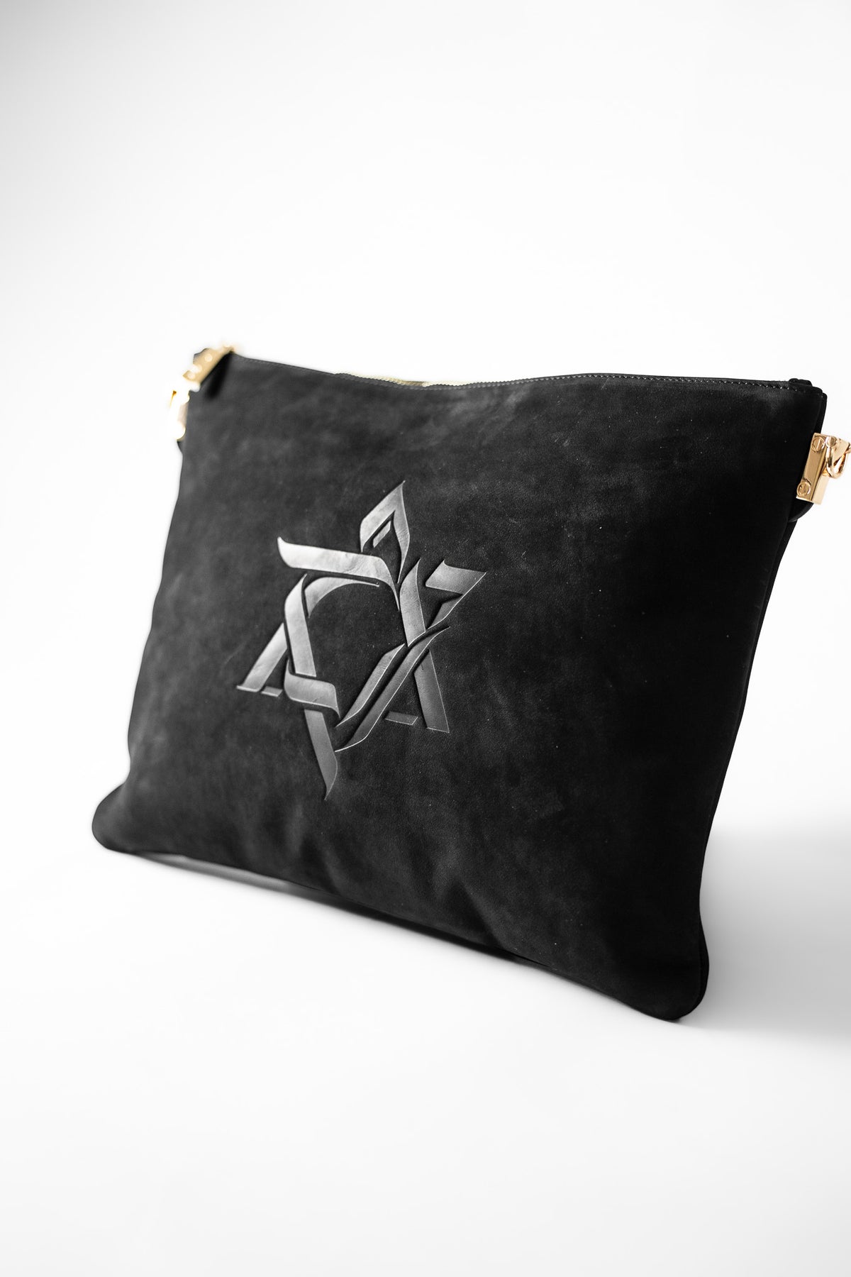 Black leather tallit bag with an embossed Magen David, front view