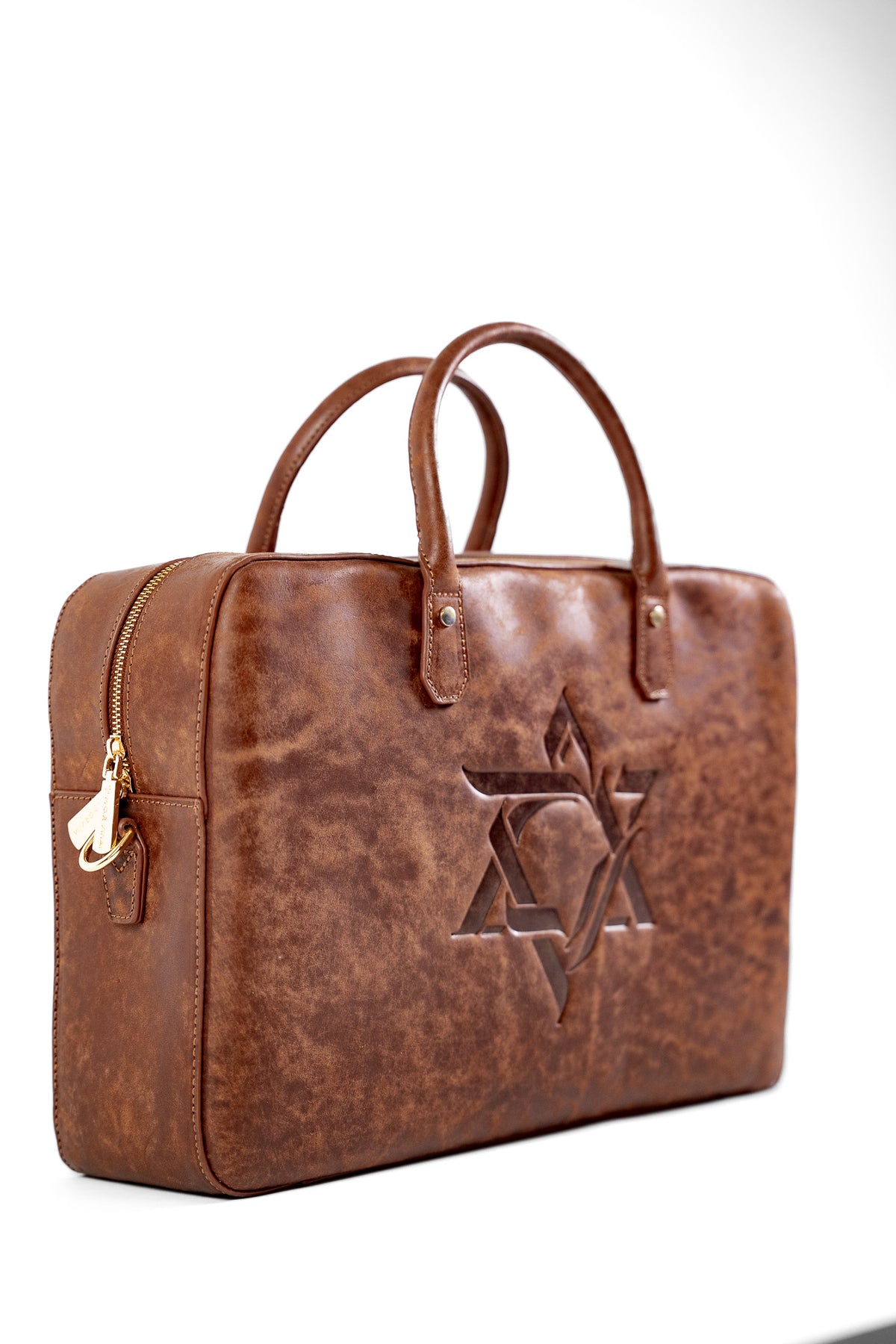 Brown leather laptop and tallit bag with an embossed Magen David, front view