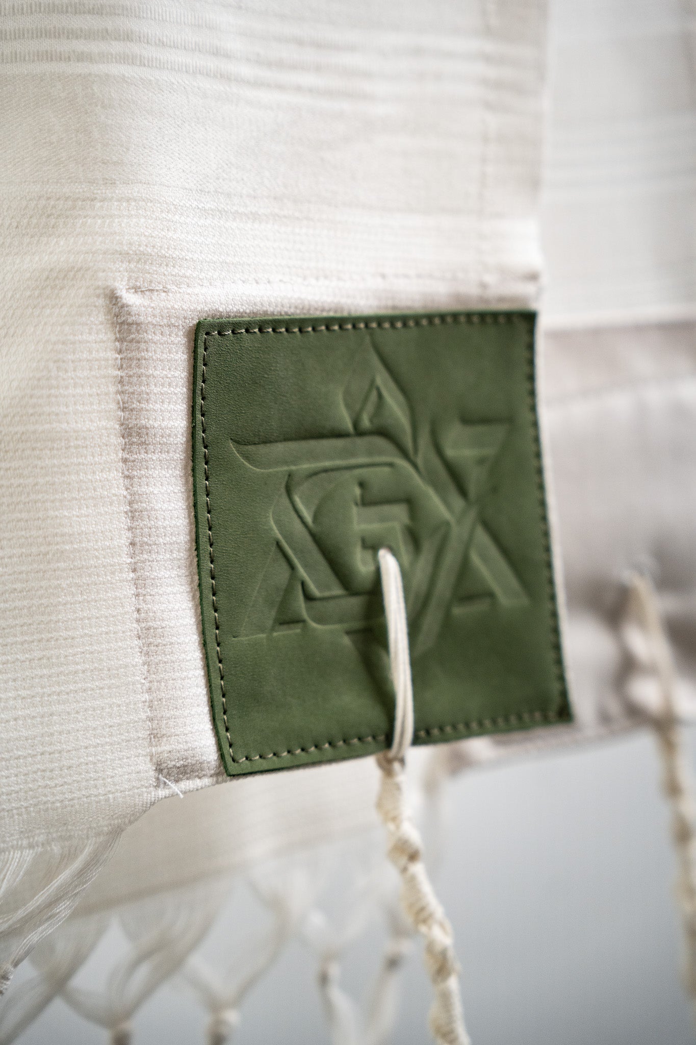 Wool Tallit & Leather Atara Set – White & Green