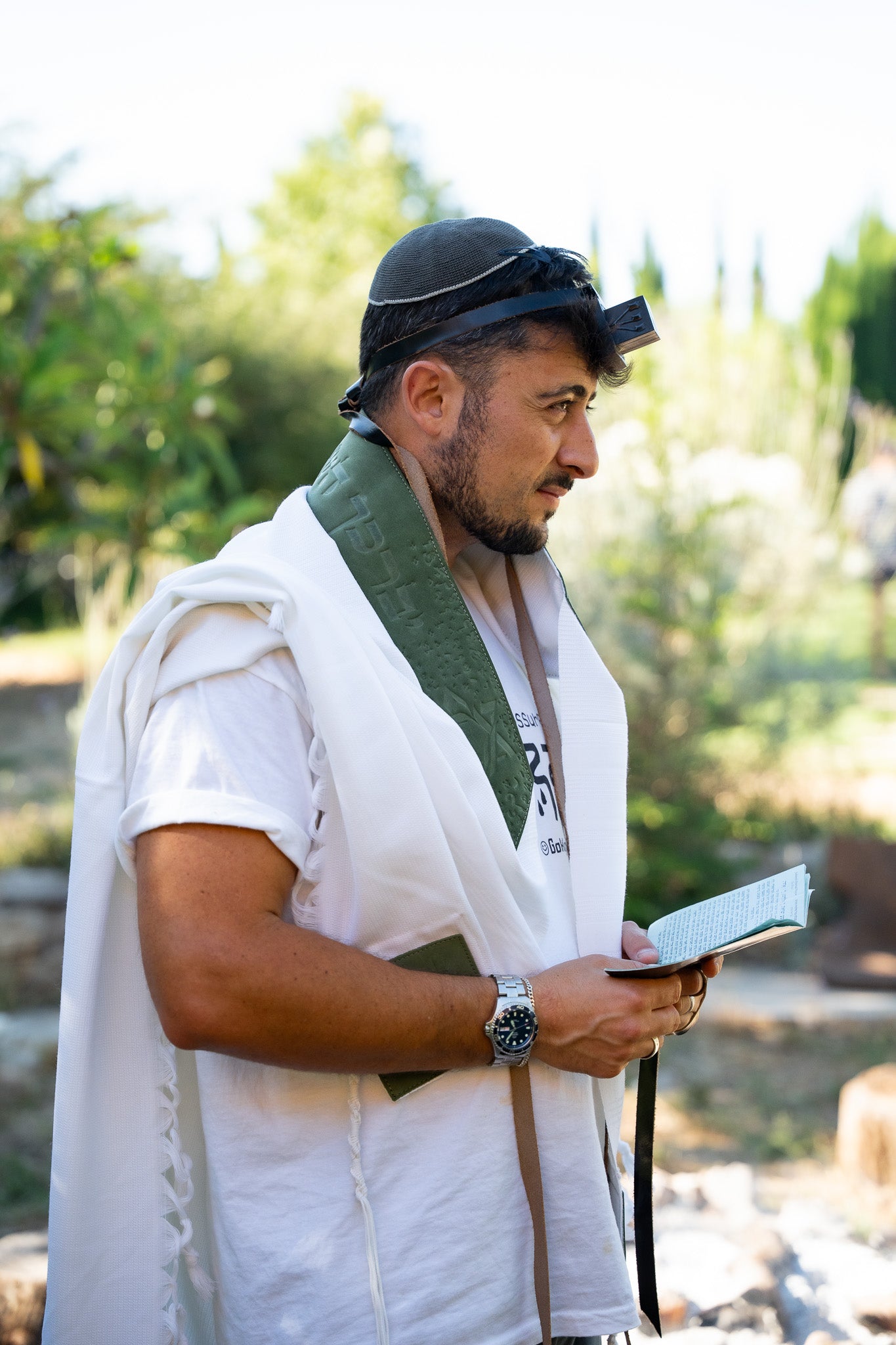 Wool Tallit & Leather Atara Set – White & Green