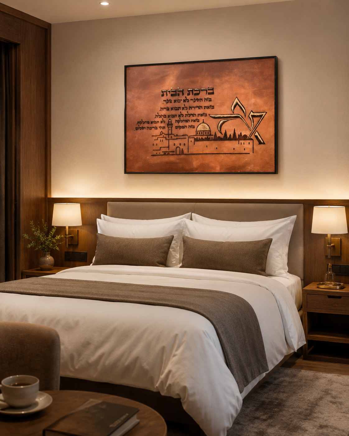 Leather Hebrew Home Blessing – Jerusalem Views – Light Brown