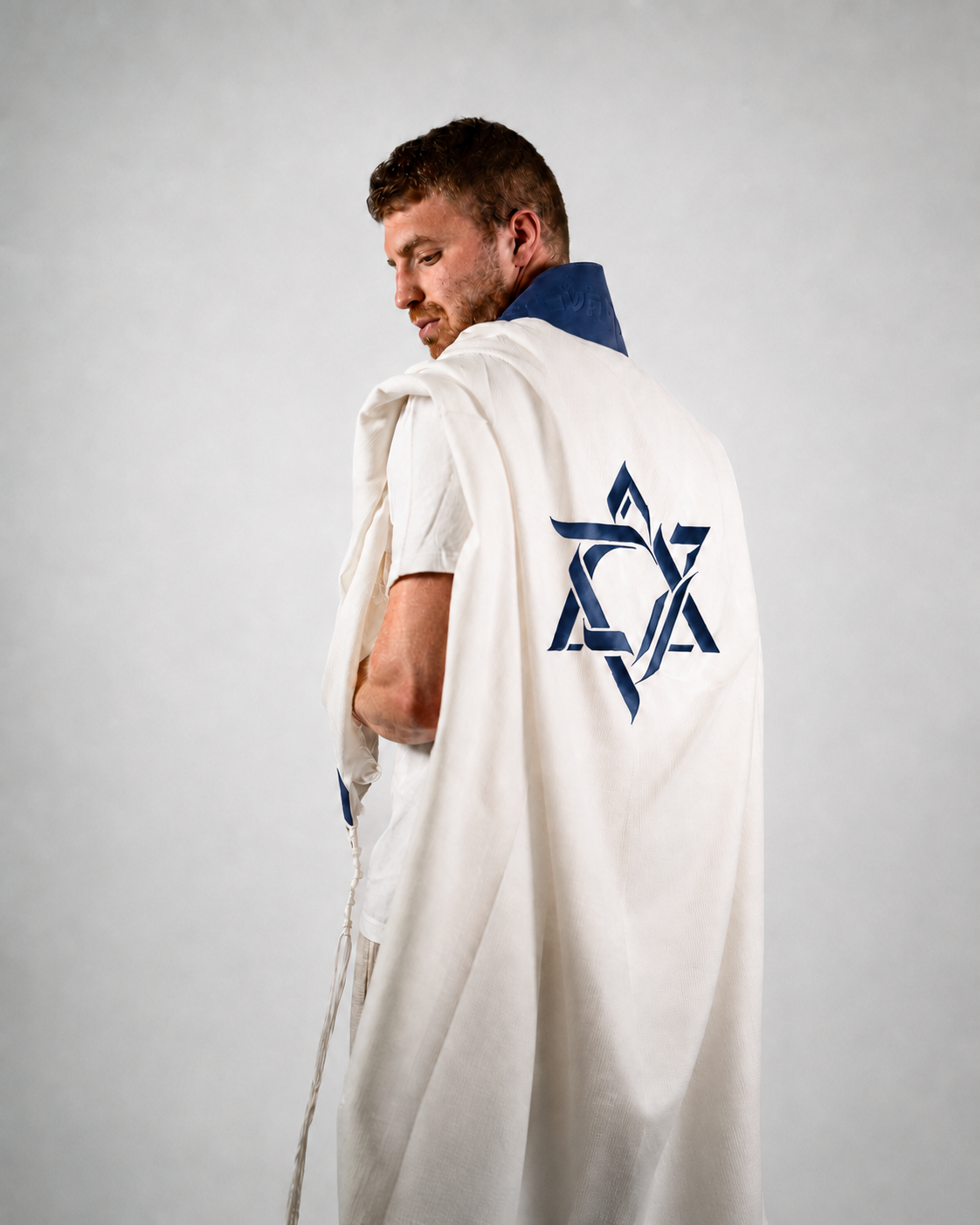 Wool Tallit & Leather Atara Set, Embroidered Magen David, Blue