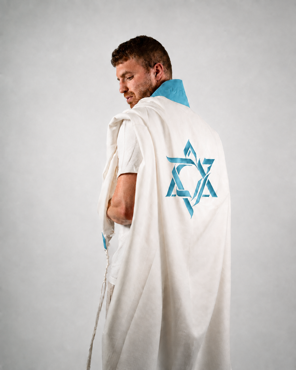 Wool Tallit & Leather Atara Set, Embroidered Magen David, Turquoise