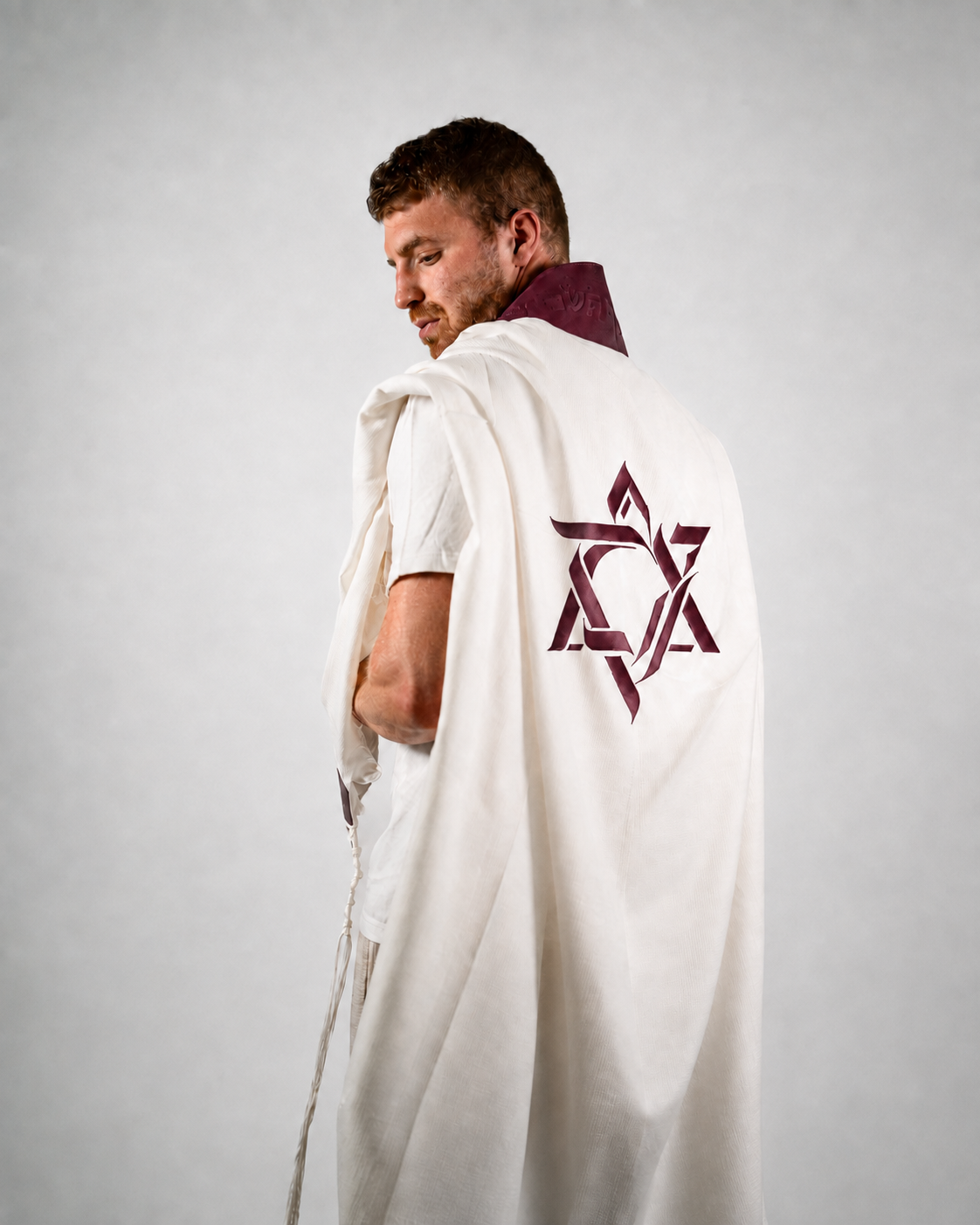 Wool Tallit & Leather Atara Set, Embroidered Magen David, Burgundy