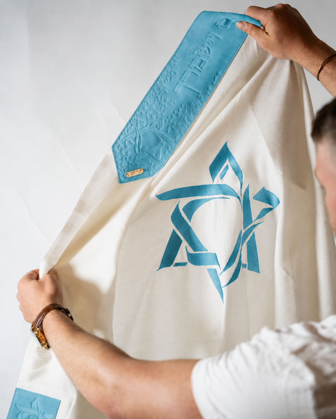 Wool Tallit & Leather Atara Set, Embroidered Magen David, Turquoise