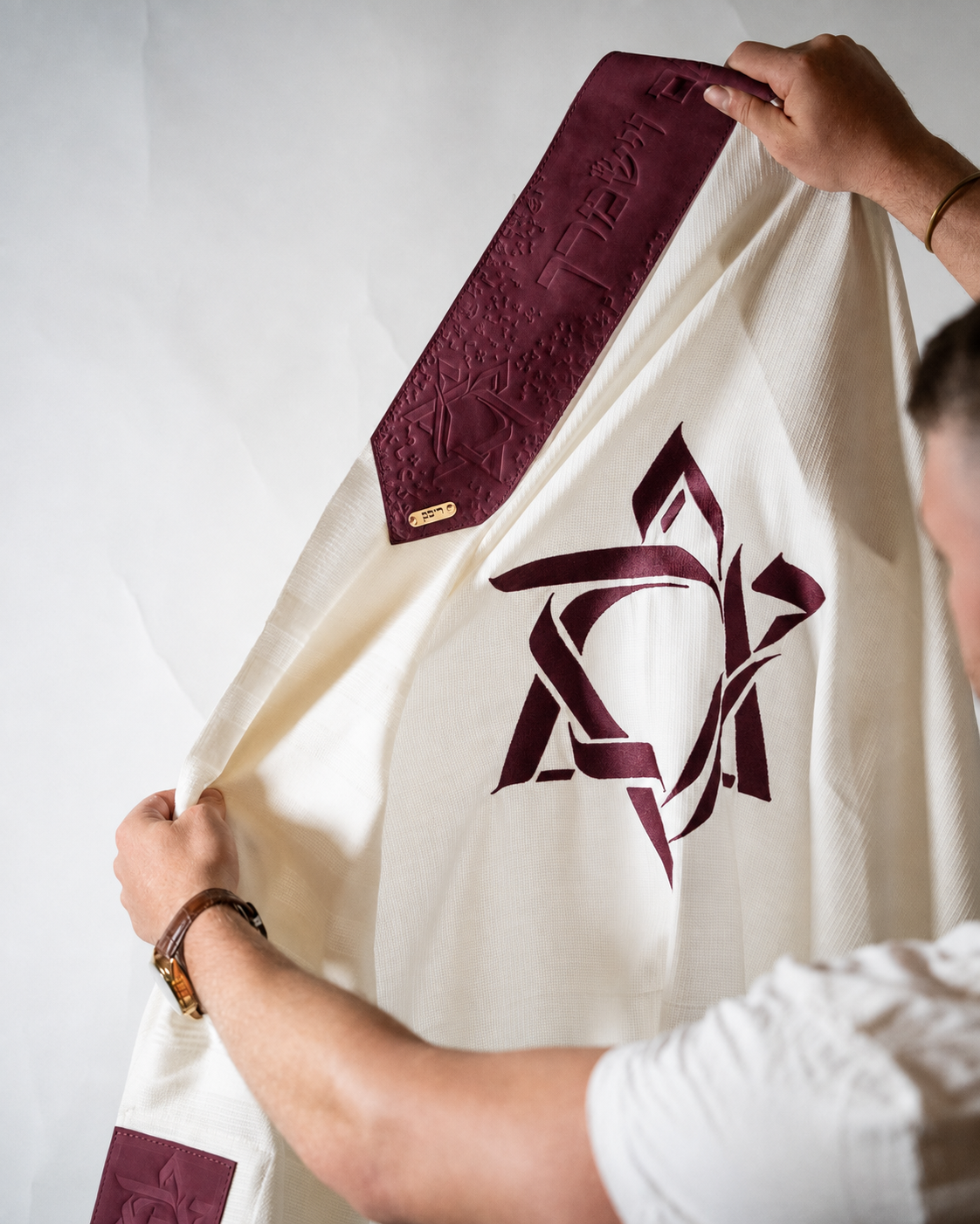 Wool Tallit & Leather Atara Set, Embroidered Magen David, Burgundy