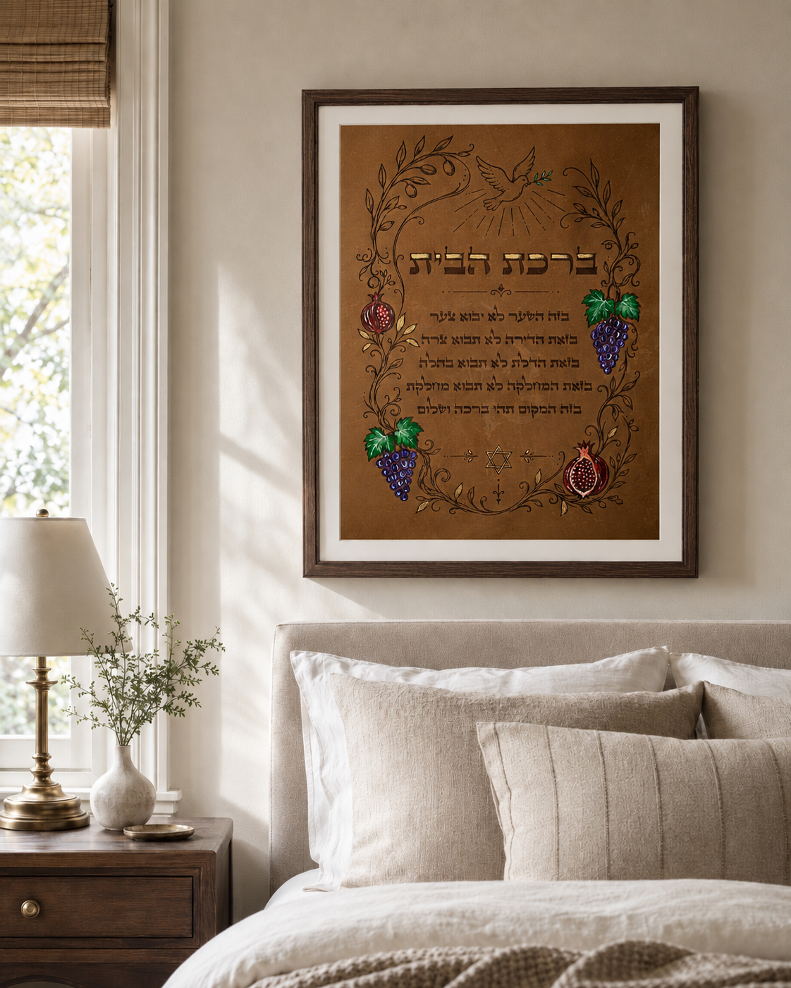 Leather Hebrew Home Blessing, Garden of Blessing, Light Brown