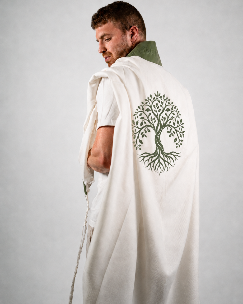 Wool Tallit & Leather Atara Set, Embroidered Tree of Life, Green